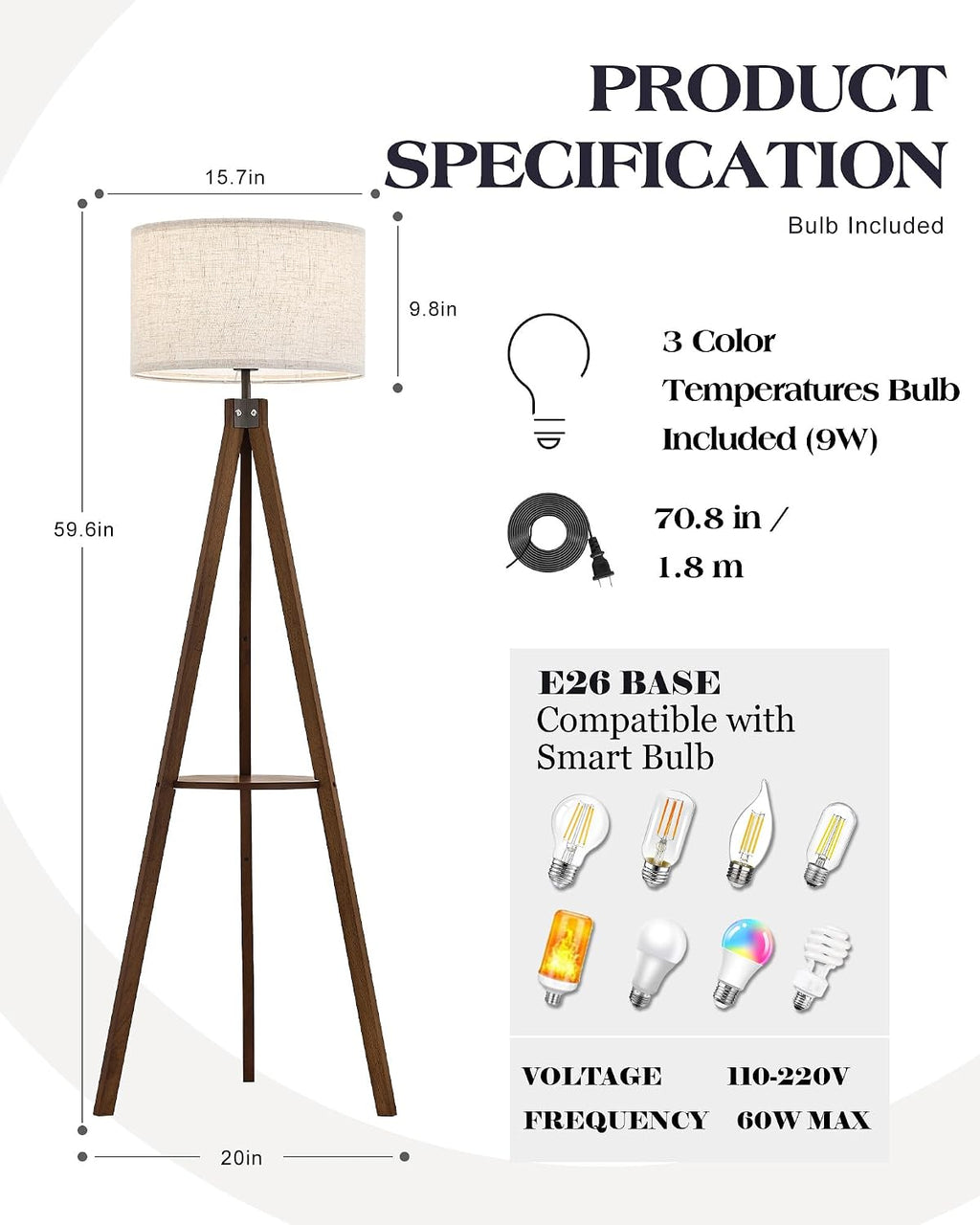 ELYONA Tripod Floor Lamp with Table, Mid Century Wood Shelf Standing Light Modern Tall Floor Lamp with Linen Shade for Living Room Bedroom Office,Dark Brown, 3 Color Temperatures LED Bulb Include