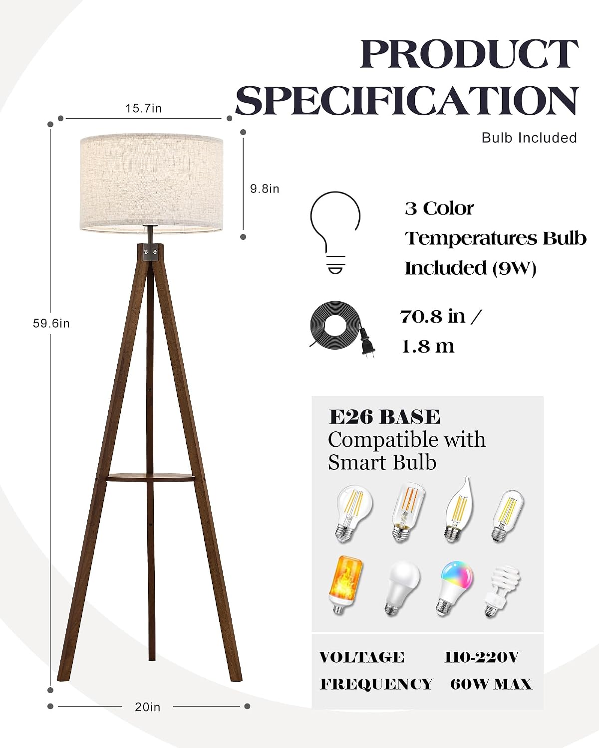 ELYONA Tripod Floor Lamp with Table, Mid Century Wood Shelf Standing Light Modern Tall Floor Lamp with Linen Shade for Living Room Bedroom Office,Dark Brown, 3 Color Temperatures LED Bulb Include