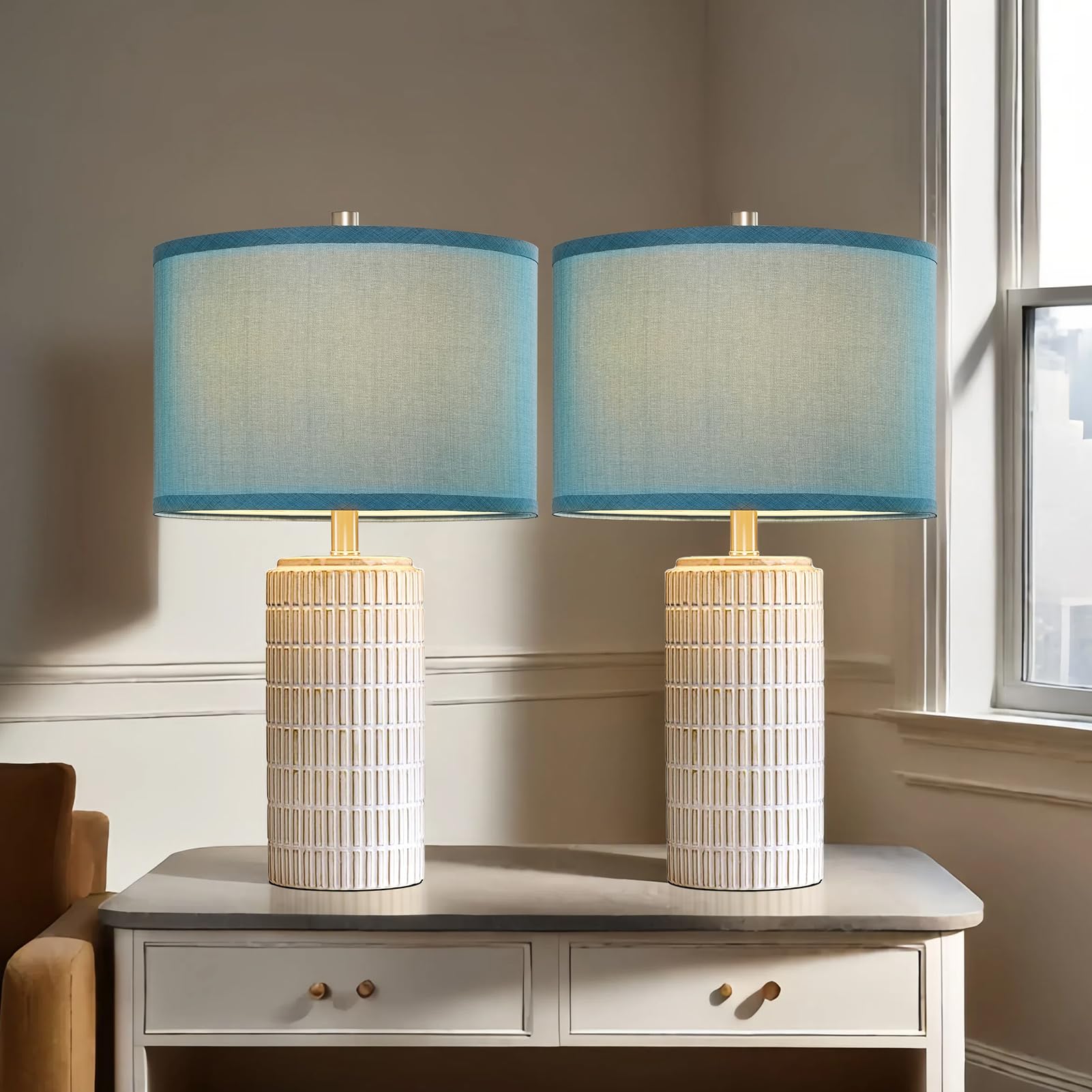 AIEAMPDO 23'' Set of 2 Modern Ceramic Table Lamps for Living Room Bedroom, Nightstand Farmhouse Beige White Desk Lamp for Bedside End Table Entryway, 2 LED Bulbs Included