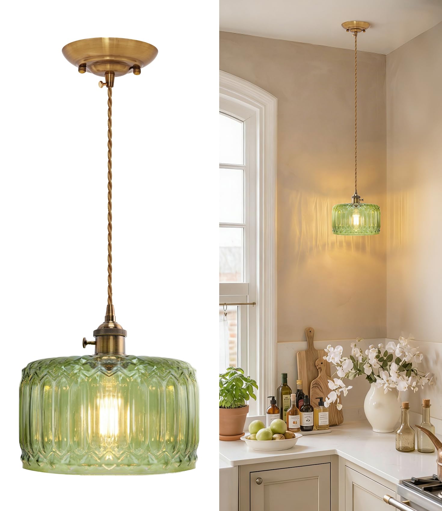 Vintage Green Glass Plug in Pendant Light with Long Cord and Switch,Retro Hanging Lamp No Hardwire Needed,Renter Friendly Swag Lighting for Kitchen Sink,Island,Reading Corner,Bedroom(NO BULB)