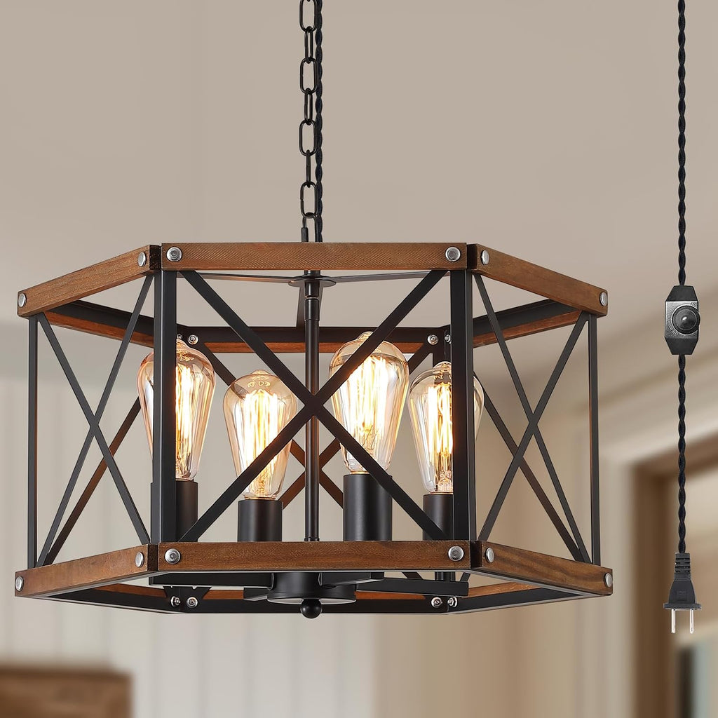 4-Light Large Rustic Farmhouse Plug in Pendant Light Fixture with Adjustable Chain, Dimmable Switch, 20 inch Oak Wood and Metal Cage Hanging Lamp for Dining Room Living Room Farmhouse Entry, Black