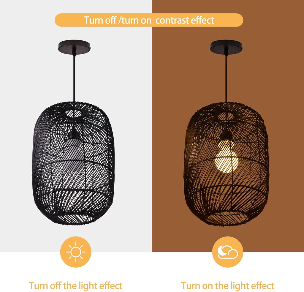 Arturesthome Black Rattan Pendant Light Fixture, Farmhouse Natural Boho Chandelier Ceiling Lighting, Retro Wicker Hanging Lamp for Kitchen Island 11"*15.74"