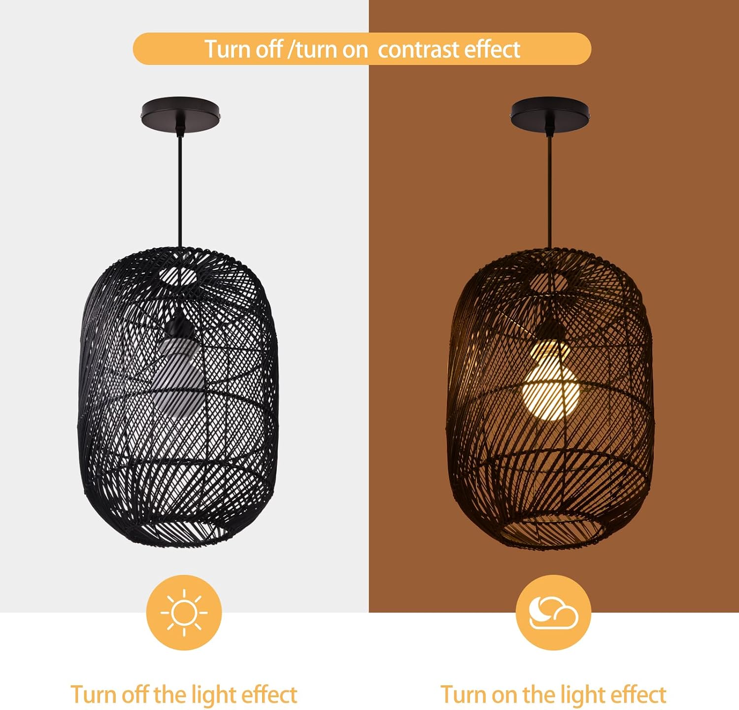 Arturesthome Black Rattan Pendant Light Fixture, Farmhouse Natural Boho Chandelier Ceiling Lighting, Retro Wicker Hanging Lamp for Kitchen Island 11"*15.74"