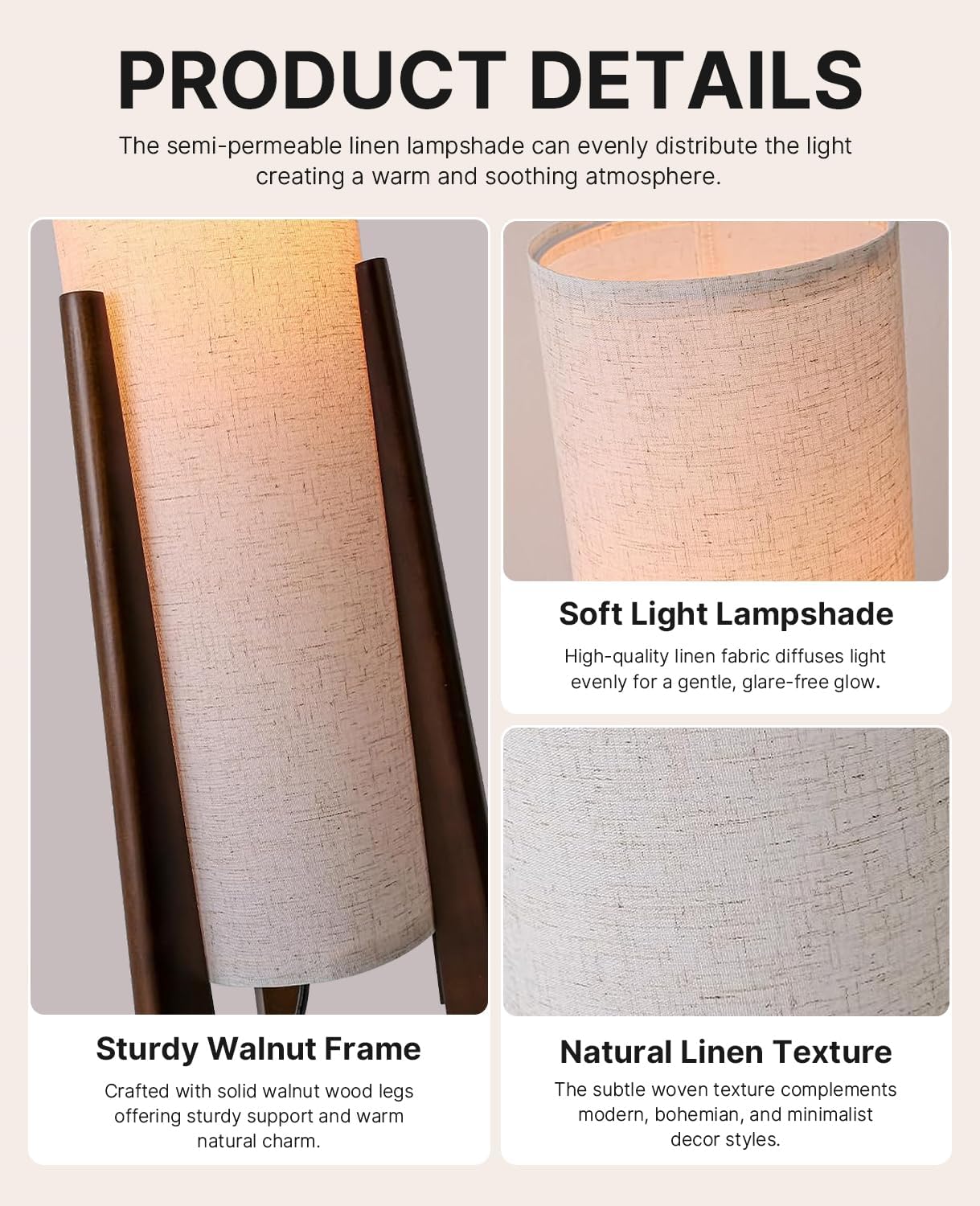 Walnut Wood Tripod Floor Lamp, 48.8 in High Vintage Column Floor Lamps with White Fabric Lampshade, Mid Century Modern Floor Lamp for Bedroom Living Room Home Office (Walnut)