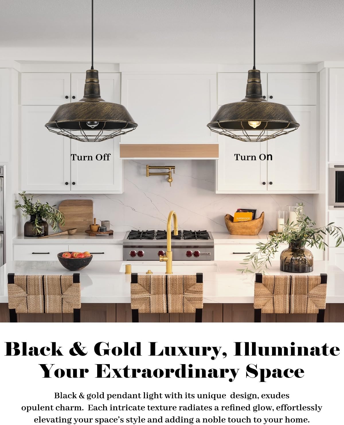 Brass Industrial Pendant Lights 2 Packs, 18.1 Inch Oversized Farmhouse Vintage Pendant Light, Black and Brass Barn Pendant Light with Wire Cage, Island Pendant Lights for Kitchen Warehouse