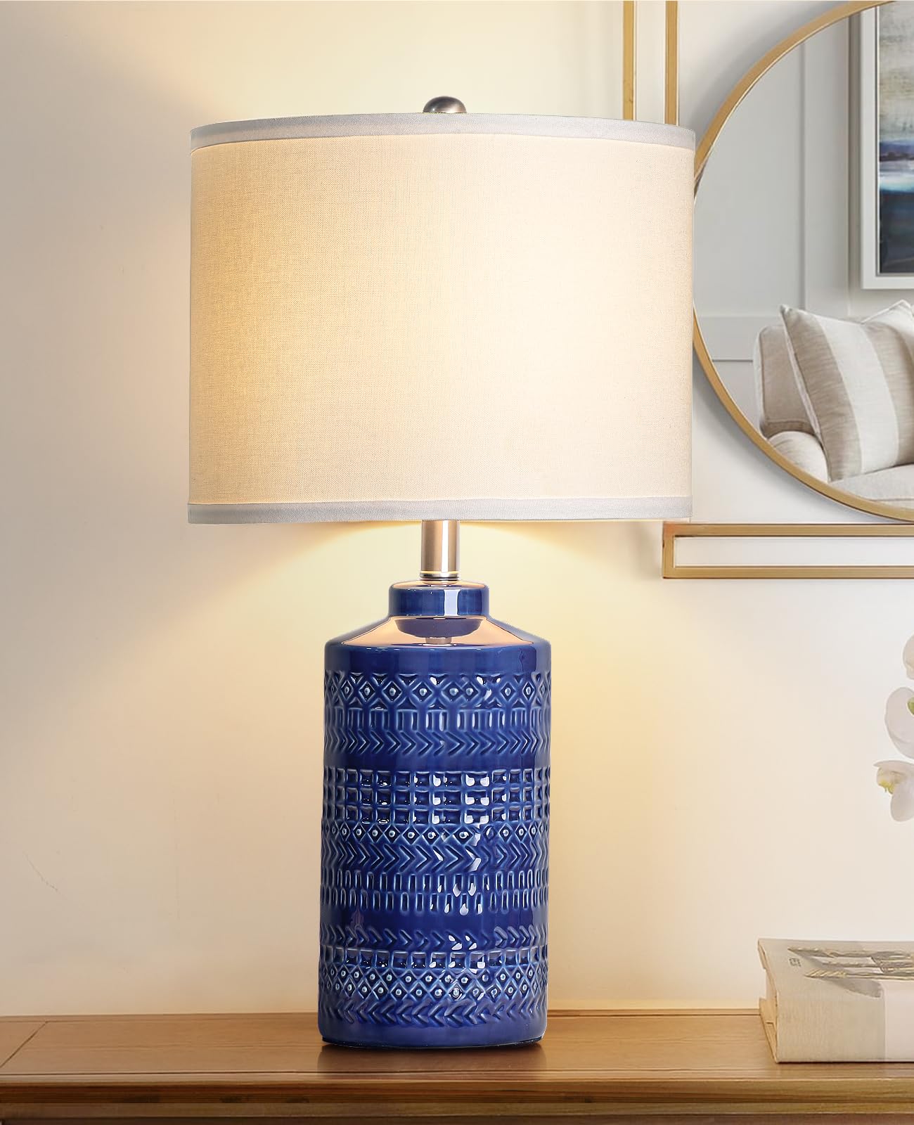 Modern Ceramic Table Lamp, 24.5" Living Room Lamps 3-Way Dimmable Gray Nightstand Lamp with White Shade|Tall Bedside Lamp Desk Decor Lamps for Bedrooms Farmhouse Office End Table Lamps(Bulb Included)