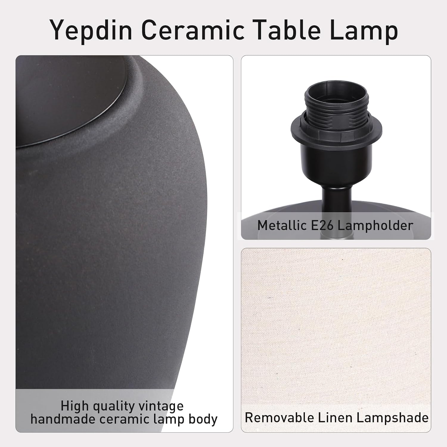 YEPDIN Ceramic Pot Table Lamp 21.25 inch Compact Frosted Nightstand Lamp, Tapered Fabric Shade Bedside, Ceramic Decorative for Living Room Bedroom House Office Entryway, TL3
