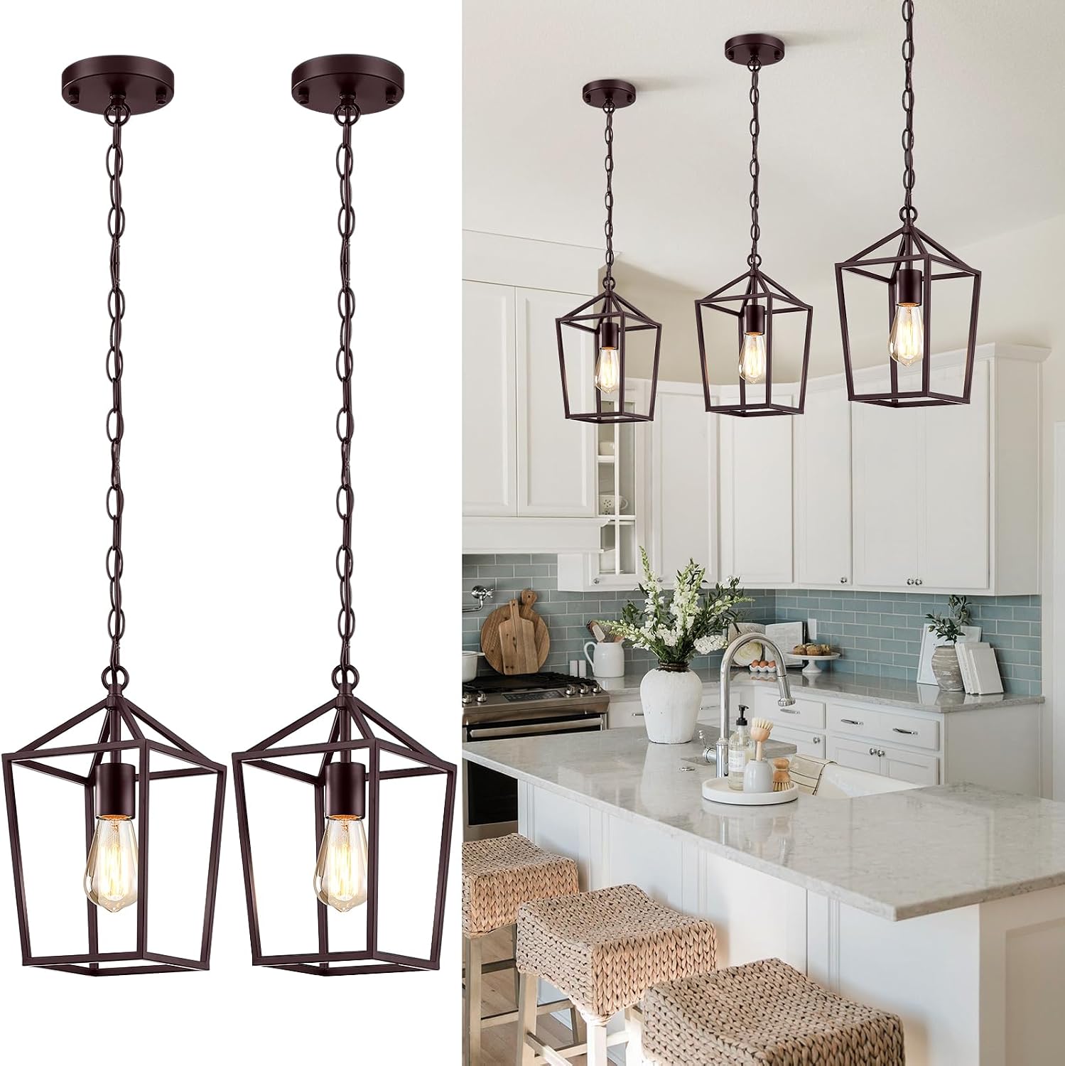 Sheetea 2-Pack Farmhouse Pendant Lights Kitchen Island, Pendant Light Fixtures Hanging Lamp for Dining Room, Modern Kitchen Pendant Lighting Over Island, Metal Cage Design, Brown