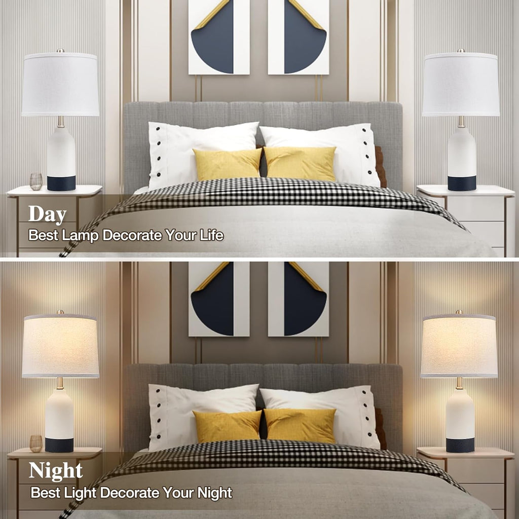 Modern Ceramic Table Lamp Set of 2, Adjustable Color Temperature Bedside Lamps for Night Stands with Fabric Drum Shade, Nightstand Lamps for Bedroom, Living Room, Desk, Includes 2 Bulbs (21.4")