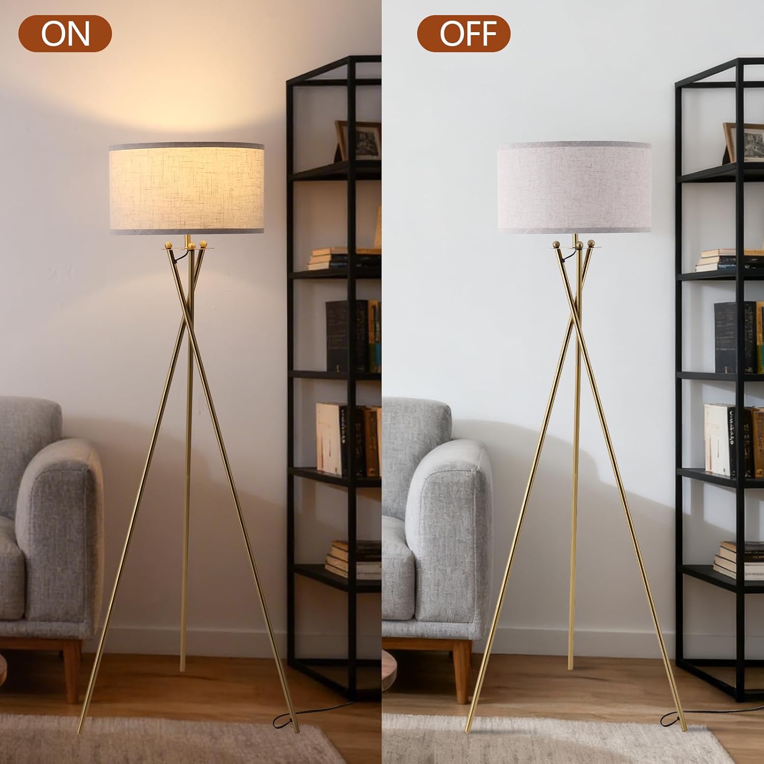 EOEYYOYB Modern Tripod Floor Lamp, Mid Century Reading Standing Lamp with 3 Color Temperatures and Foot Switch, Modern Night Light for Living Room, Bedroom, Office Décor, Gold