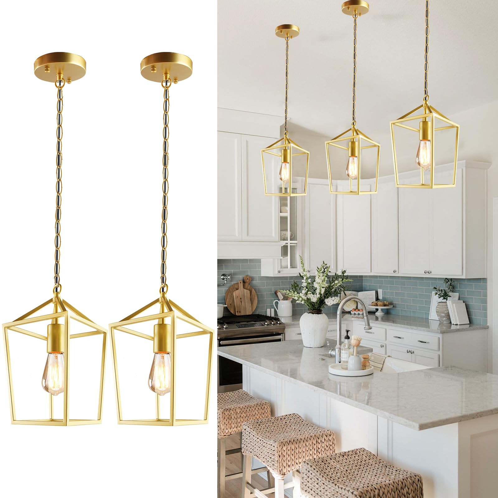 Sheetea 2-Pack Farmhouse Pendant Lights Kitchen Island, Black Pendant Light Fixtures Hanging Lamp for Dining Room, Modern Kitchen Pendant Lighting Over Island, Metal Cage Design