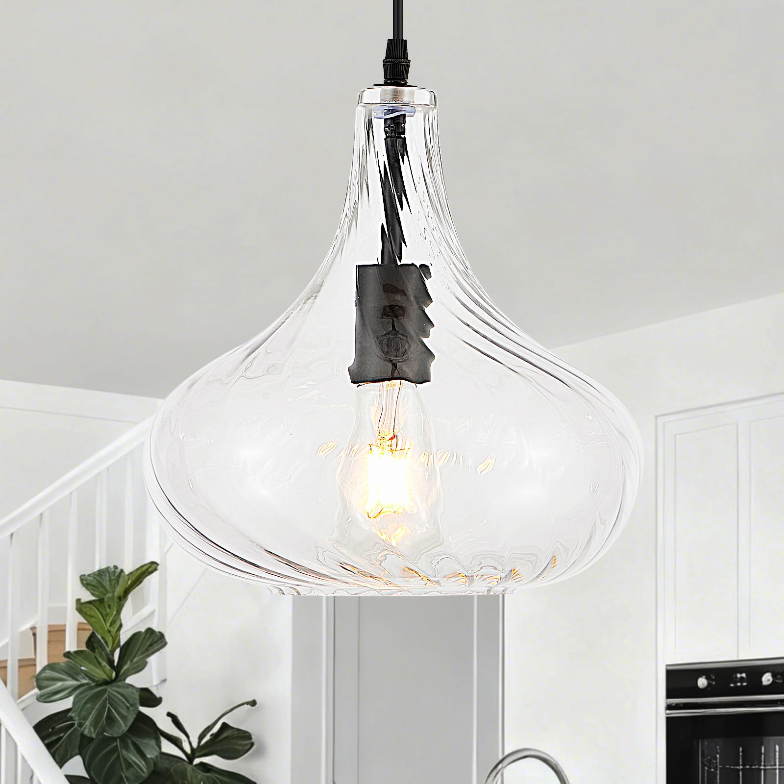 VILUXY Black Pendant Lights Kitchen Island Farmhouse Seeded Glass 1-Light Dining Room Pendant Lamp Fixtures Metal Cage Hanging Lights for Over Sink