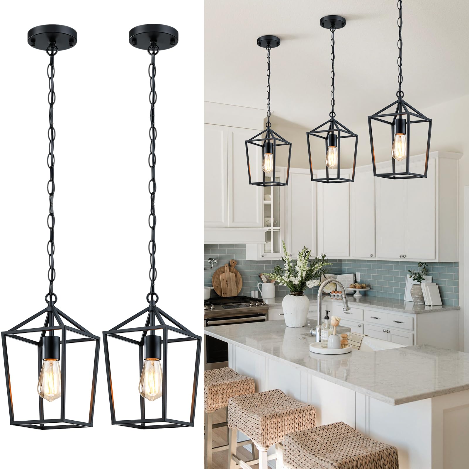 Sheetea 2-Pack Farmhouse Pendant Lights Kitchen Island, Pendant Light Fixtures Hanging Lamp for Dining Room, Modern Kitchen Pendant Lighting Over Island, Metal Cage Design, Brown