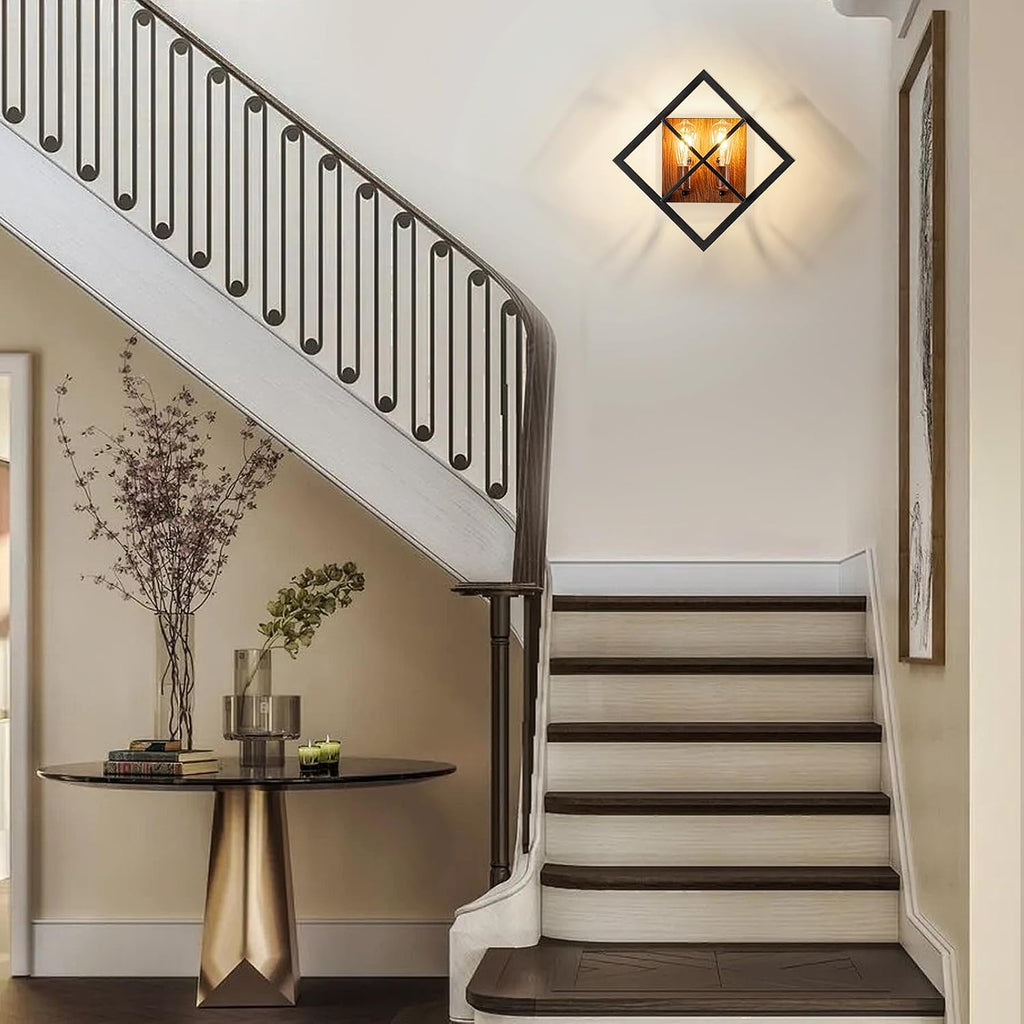 Farmhouse Wall Sconce with Black Finish & Wood Grain,Rustic Wall Sconces Indoor Wall Light Fixtures 17.8in for Stairway, Living Room, Bedroom, Bathroom (2 Light,E26 Base, No Bulbs)