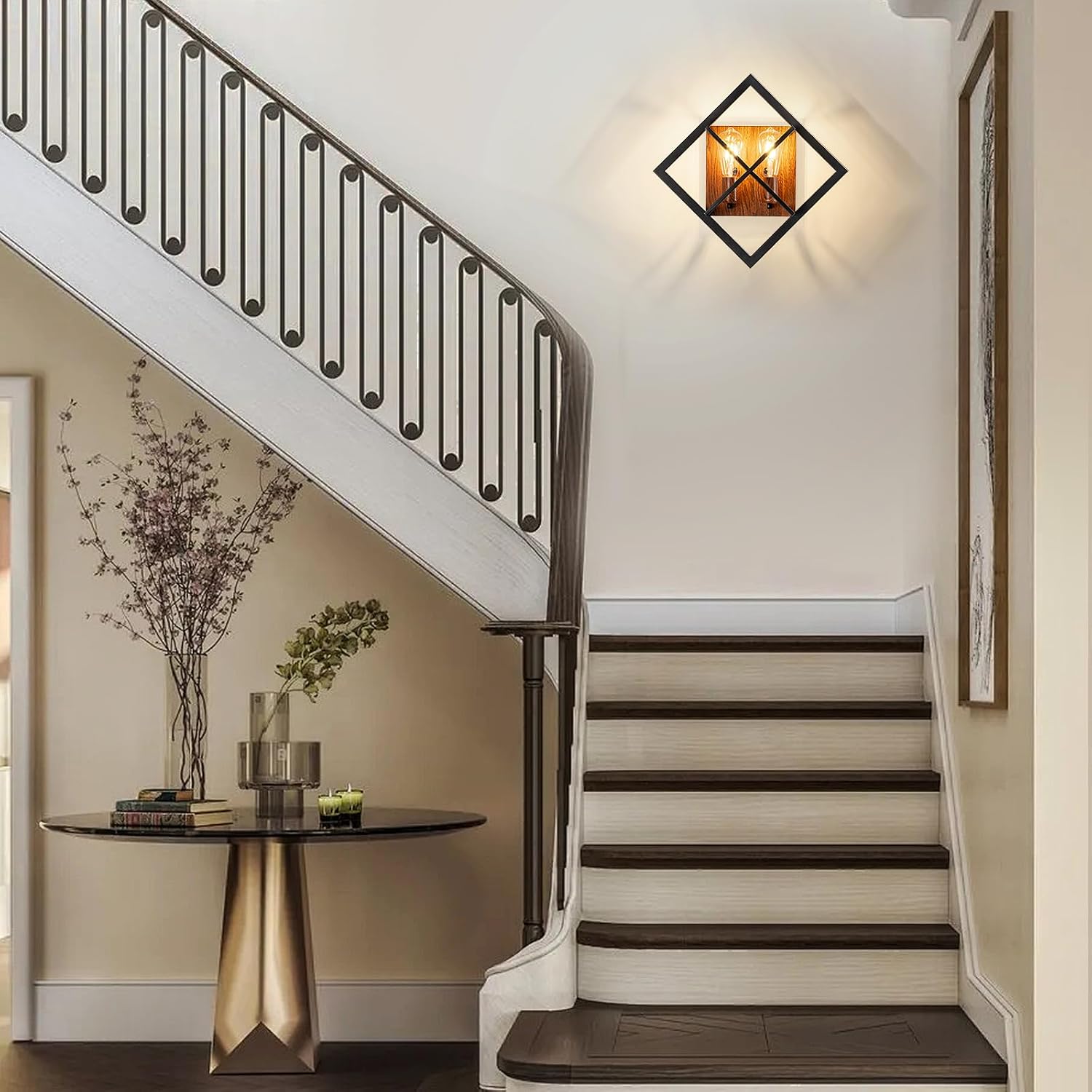 Farmhouse Wall Sconce with Black Finish & Wood Grain,Rustic Wall Sconces Indoor Wall Light Fixtures 17.8in for Stairway, Living Room, Bedroom, Bathroom (2 Light,E26 Base, No Bulbs)