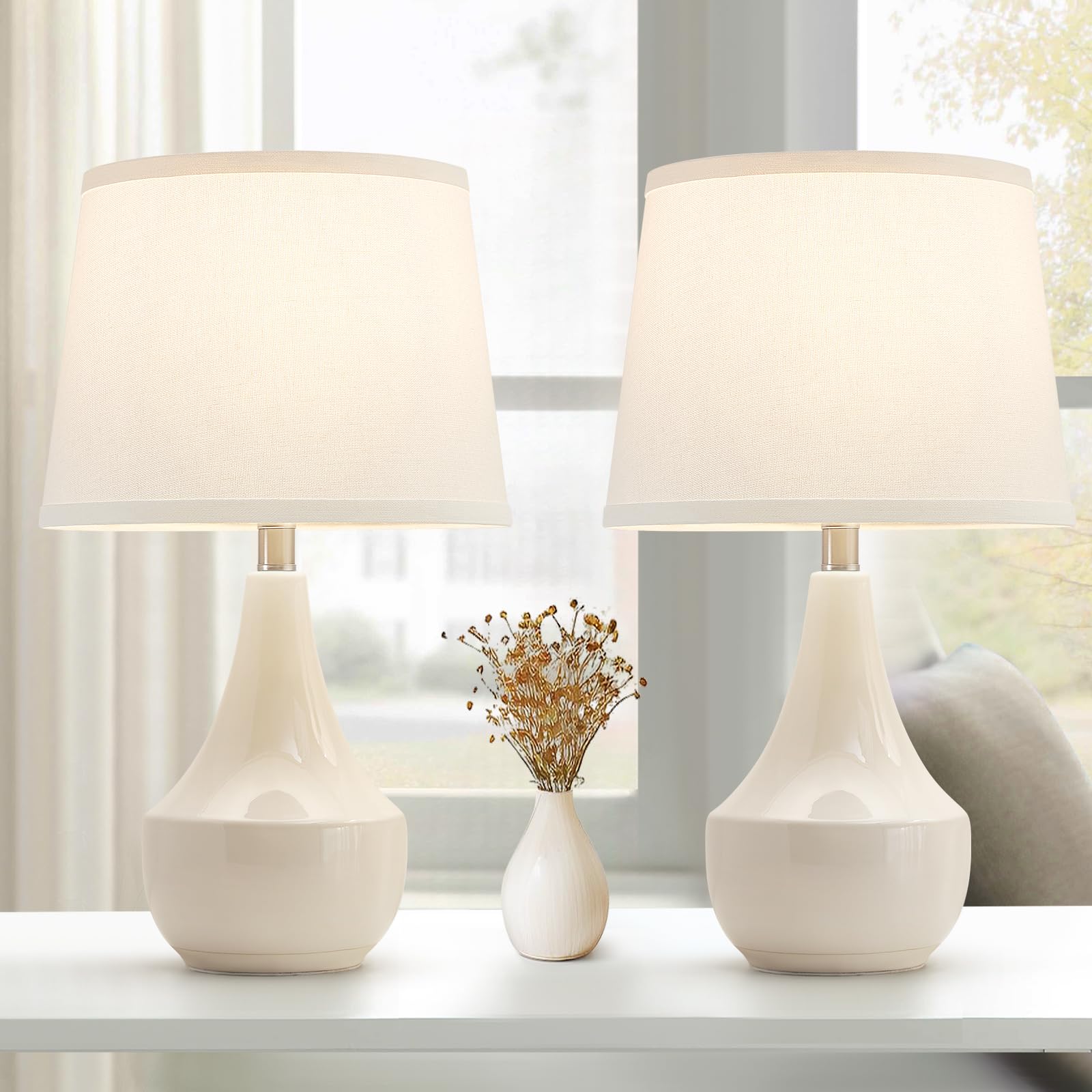GyroVu 18" Table Lamp Set of 2, Ceramic Table Lamp Classic Beside Lamps Nightstand Lamp Modern Lamp for Living Room, Bedroom & Office Rocker Switch Sage Green-LED Bulbs Included