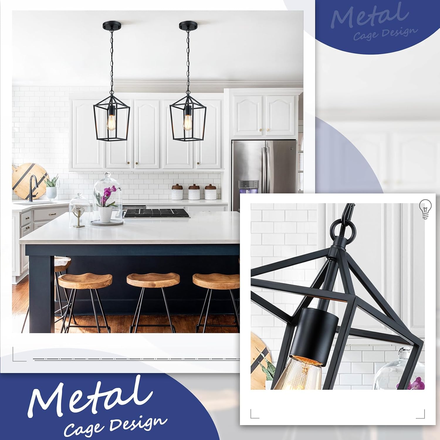 Sheetea 2-Pack Farmhouse Pendant Lights Kitchen Island, Black Pendant Light Fixtures Hanging Lamp for Dining Room, Modern Kitchen Pendant Lighting Over Island, Metal Cage Design