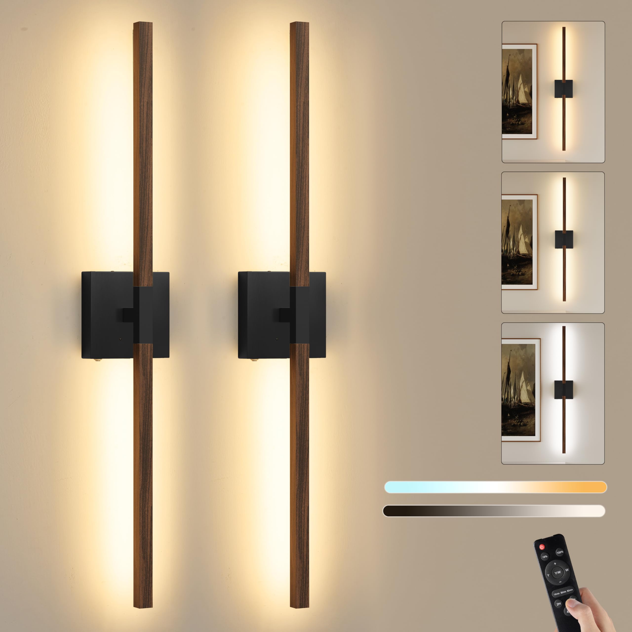 Rayogale Rechargeable Battery Operated Wall Sconce with Remote Control | Black 3000/4500/6000K Dimmable 8000mAh Wireless Wall Sconces Set of Two with Timer for Living Room, Bedroom, 24 Inch
