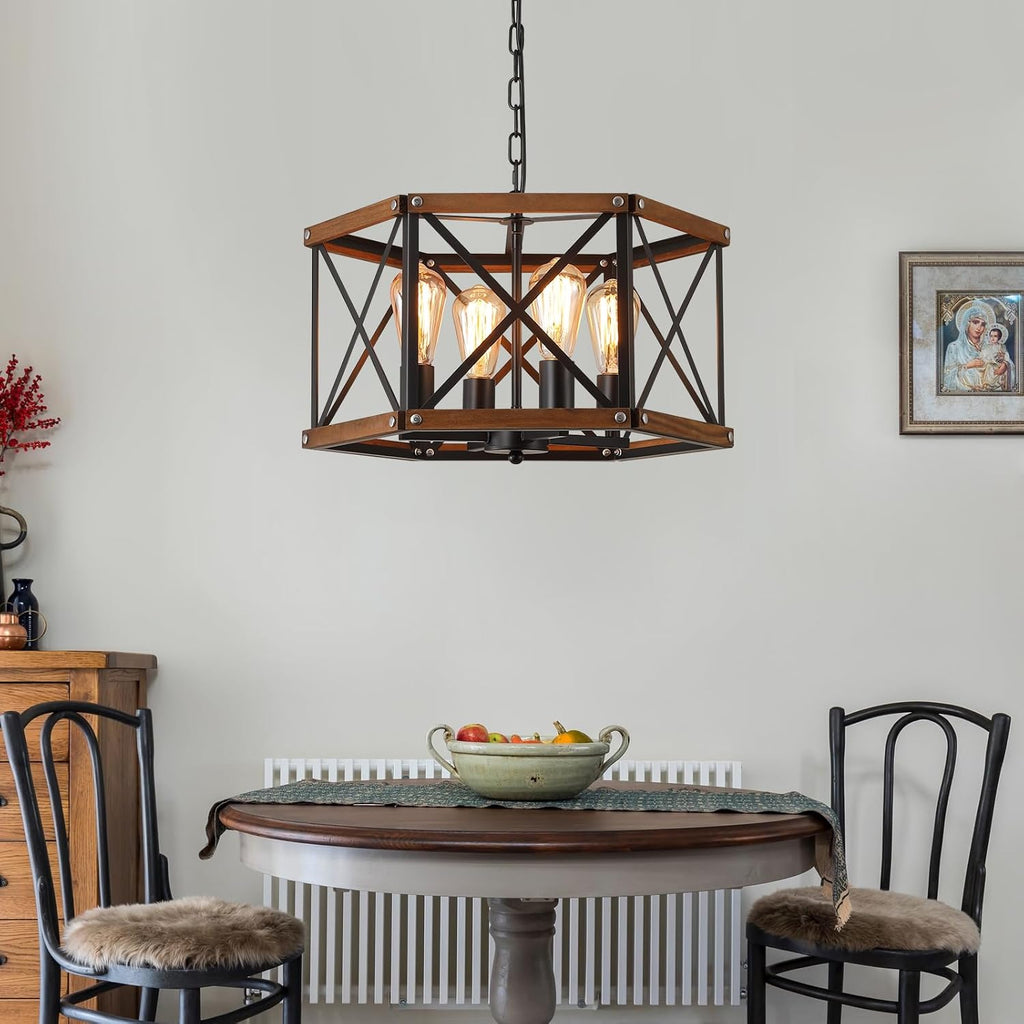 4-Light Large Rustic Farmhouse Plug in Pendant Light Fixture with Adjustable Chain, Dimmable Switch, 20 inch Oak Wood and Metal Cage Hanging Lamp for Dining Room Living Room Farmhouse Entry, Black