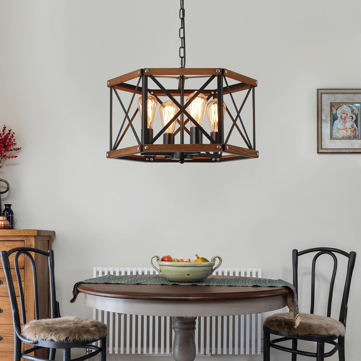 4-Light Large Rustic Farmhouse Plug in Pendant Light Fixture with Adjustable Chain, Dimmable Switch, 20 inch Oak Wood and Metal Cage Hanging Lamp for Dining Room Living Room Farmhouse Entry, Black