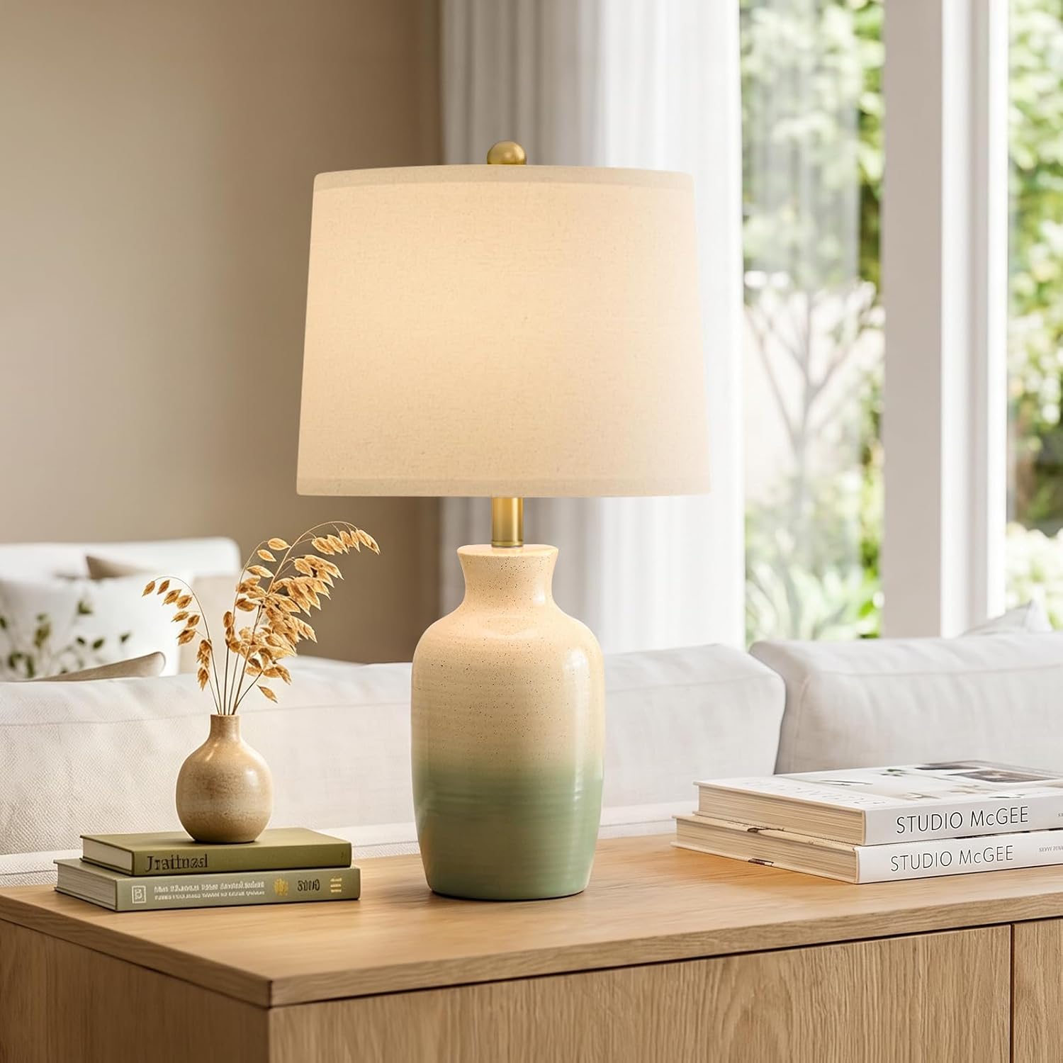 PoKat 24'' Farmhouse Ceramic Table Lamp for Living Room with Natural Textured Finish, Rustic Bedside Lamps for Bedroom, Organic Nightstand Lamps Dresser End Side Table Home Gift (White and Antique)