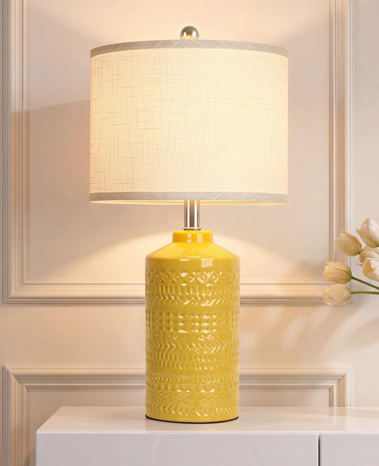Modern Ceramic Table Lamp, 24.5" Living Room Lamps 3-Way Dimmable Gray Nightstand Lamp with White Shade|Tall Bedside Lamp Desk Decor Lamps for Bedrooms Farmhouse Office End Table Lamps(Bulb Included)