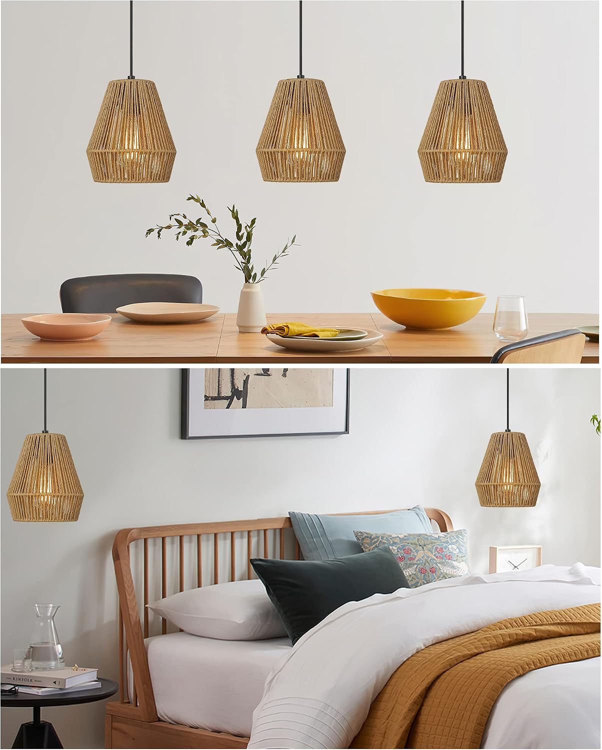 ELYONA Boho Woven Pendant Lights 7” Rustic Rattan Hanging Lamp Adjustable Handwoven Basket Shade, Japandi Pendant Light Fixtures for Kitchen Island, Dining Room, Bedroom, Farmhouse Bar, Foyer Hallway