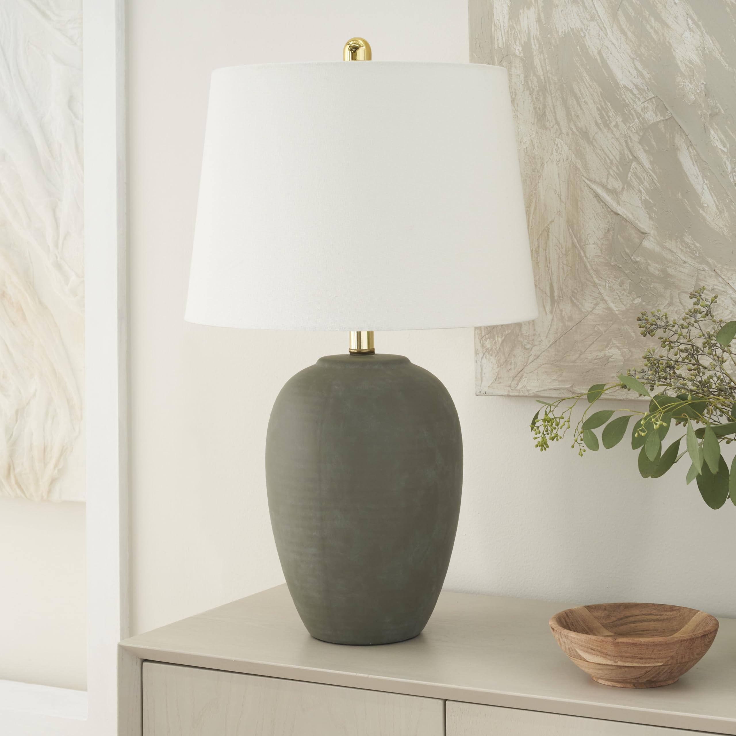 Nourison Home 23" Natural White Ceramic Jar Table Lamp for Bedroom, Living Room, Dining Office, with Off-White Shade