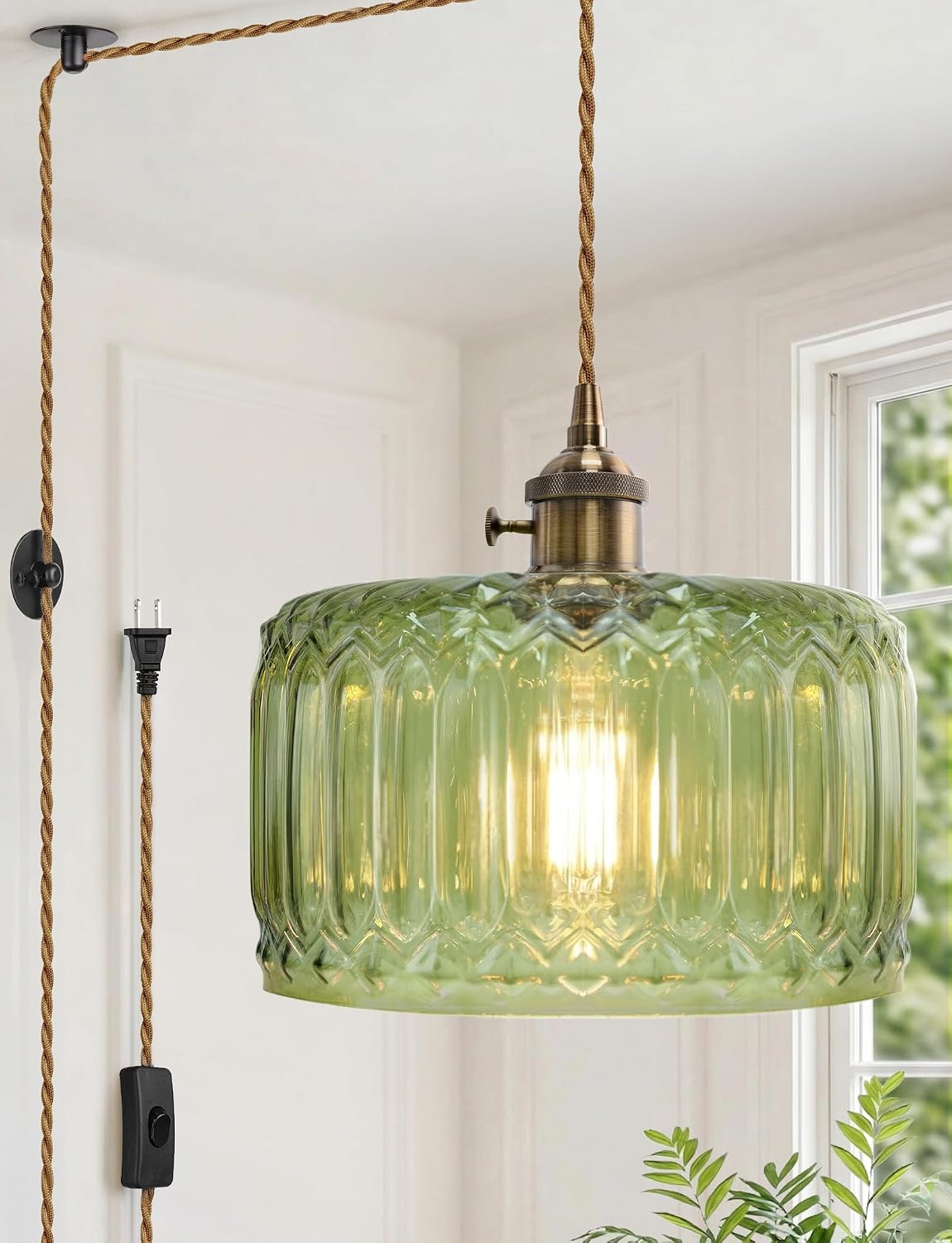 Vintage Green Glass Plug in Pendant Light with Long Cord and Switch,Retro Hanging Lamp No Hardwire Needed,Renter Friendly Swag Lighting for Kitchen Sink,Island,Reading Corner,Bedroom(NO BULB)