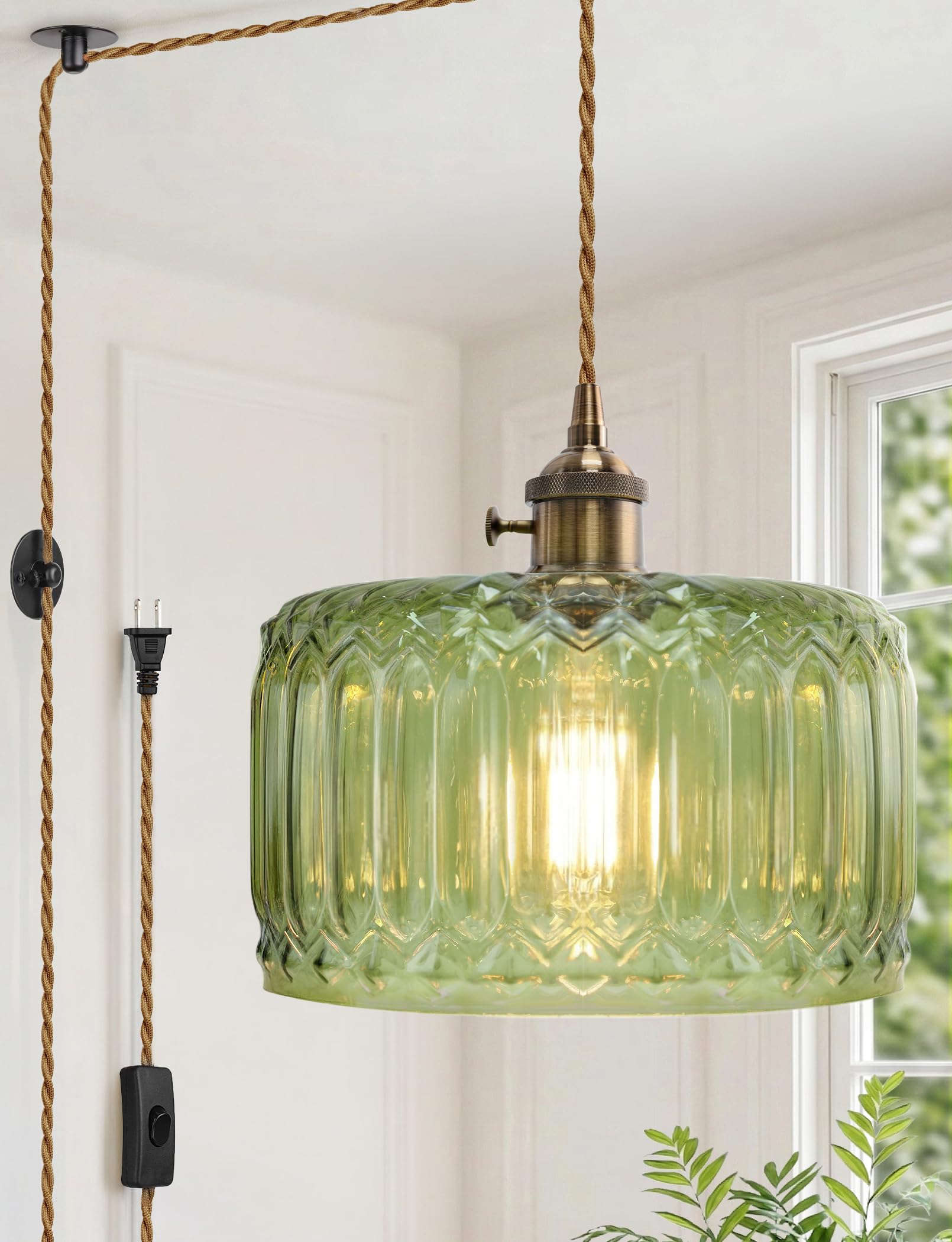 Vintage Green Glass Plug in Pendant Light with Long Cord and Switch,Retro Hanging Lamp No Hardwire Needed,Renter Friendly Swag Lighting for Kitchen Sink,Island,Reading Corner,Bedroom(NO BULB)