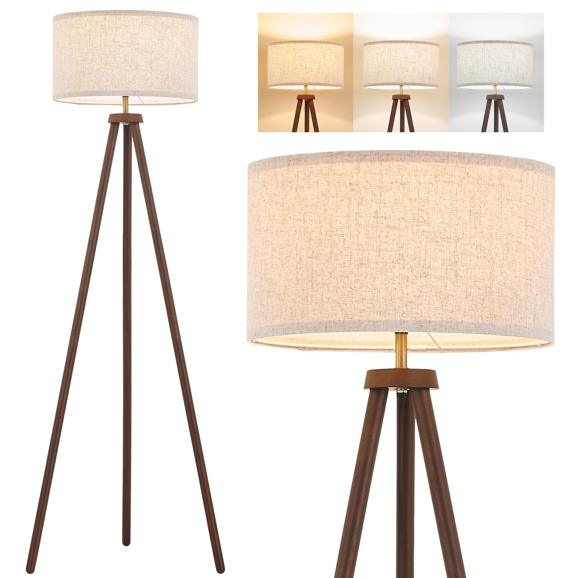 ELYONA Wood Tripod Floor Lamp Modern Standing Lamp with Black Drum Shade, Industrial Tall Reading Lamp for Office Living Room Bedroom, ETL Listed Walnut & Black, 3 Color Temperatures LED Bulb Include