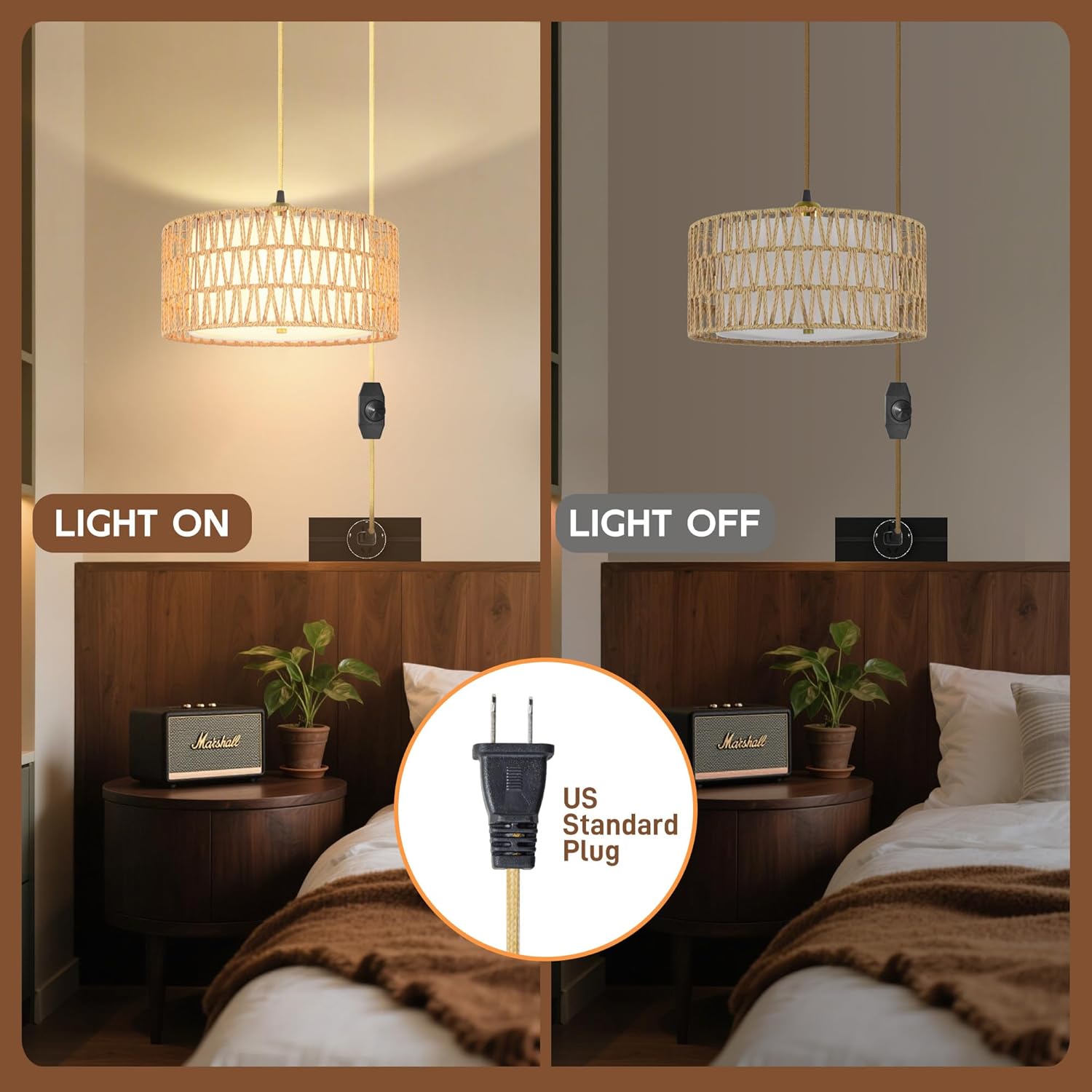 13'' Gold Plug in Pendant Light, Boho Dimmable Hanging Lamp with Rotary Dimmer Switch & 15ft Cord, Rattan & Fabric 2-in-1 Shade, Farmhouse Pendant Lights Kitchen Island Living Room Bedroom, ETL Listed