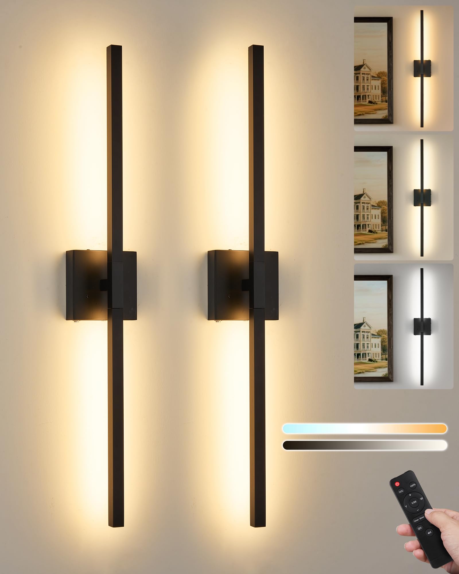 Rayogale Rechargeable Battery Operated Wall Sconce with Remote Control | Black 3000/4500/6000K Dimmable 8000mAh Wireless Wall Sconces Set of Two with Timer for Living Room, Bedroom, 24 Inch