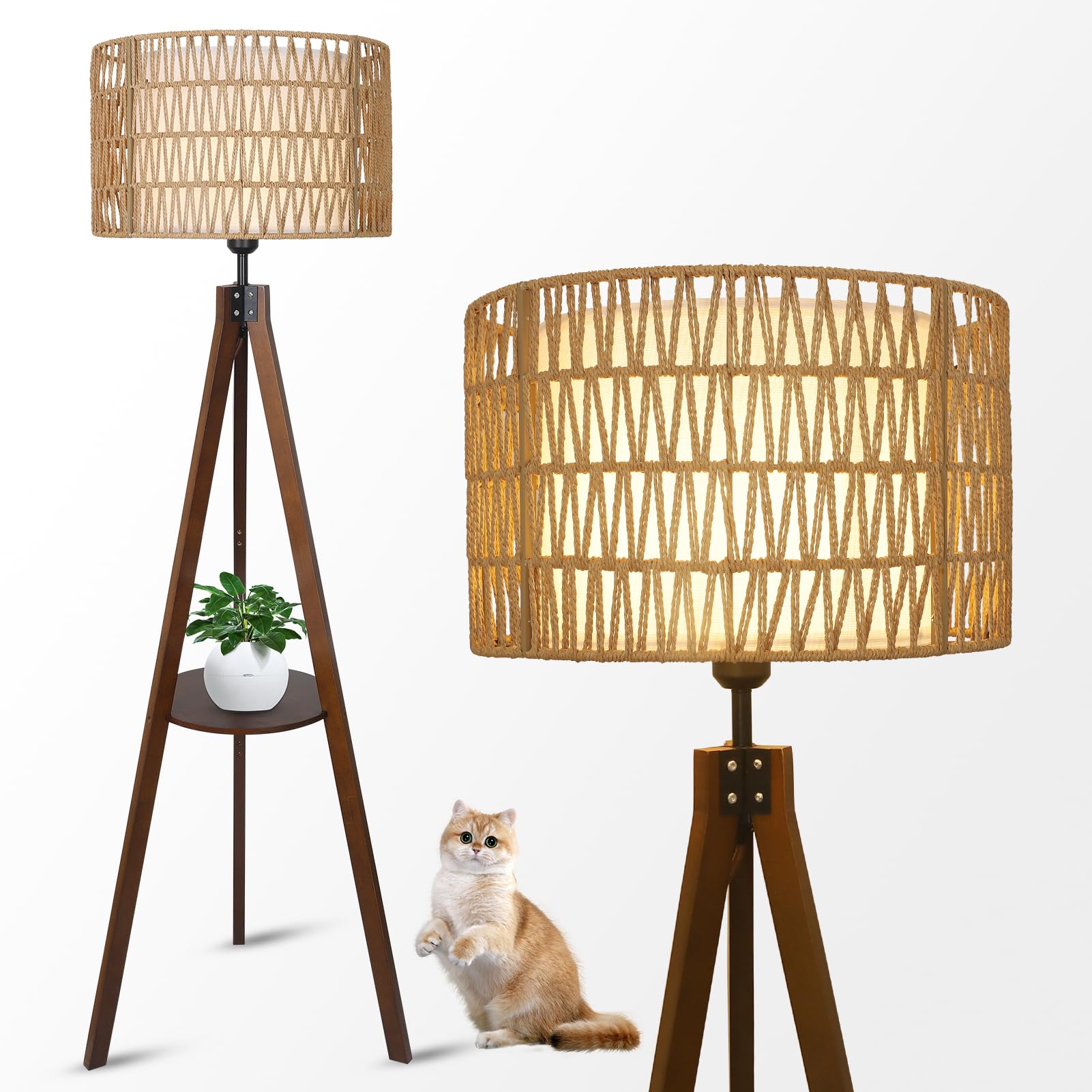 LAMSU Boho Tripod Floor Lamps for Living Room, Rattan Wood Floor Lamp with Fabric Shades, Mid Century Standing Lamp with Shelf, Foot Switch, Modern Farmhouse Tall Lamps for Bedroom Office Brown