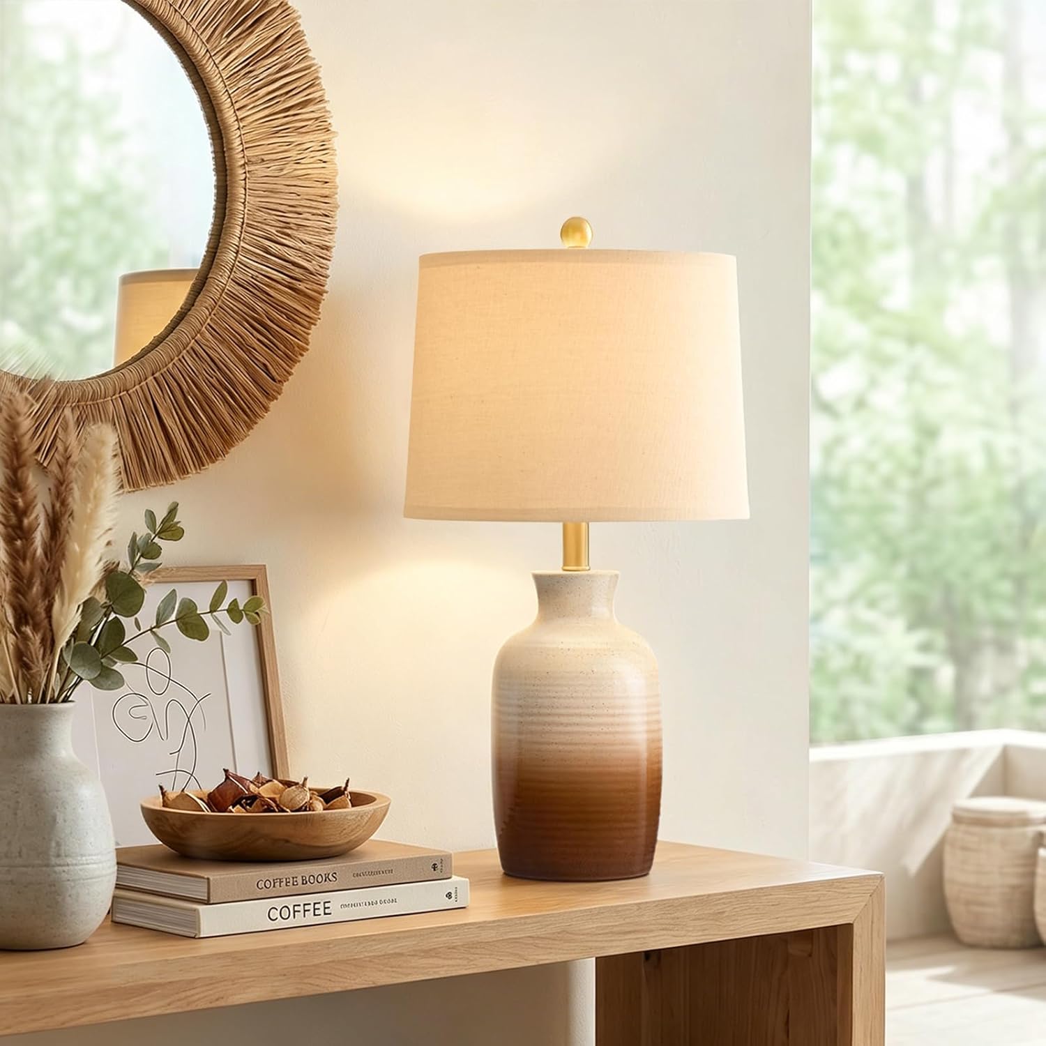 PoKat 24'' Farmhouse Ceramic Table Lamp for Living Room with Natural Textured Finish, Rustic Bedside Lamps for Bedroom, Organic Nightstand Lamps Dresser End Side Table Home Gift (White and Antique)