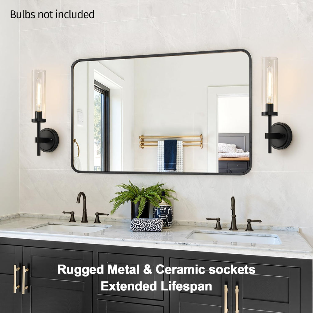 Hardwired Wall Sconces Set of Two, Matte Black Bathroom Sconces with Clear Glass, Modern Wall Light Fixtures for Bathroom Mirror Vanity, Living Room, Bedroom, Hallway, Stairway, Cabinet, Foyer