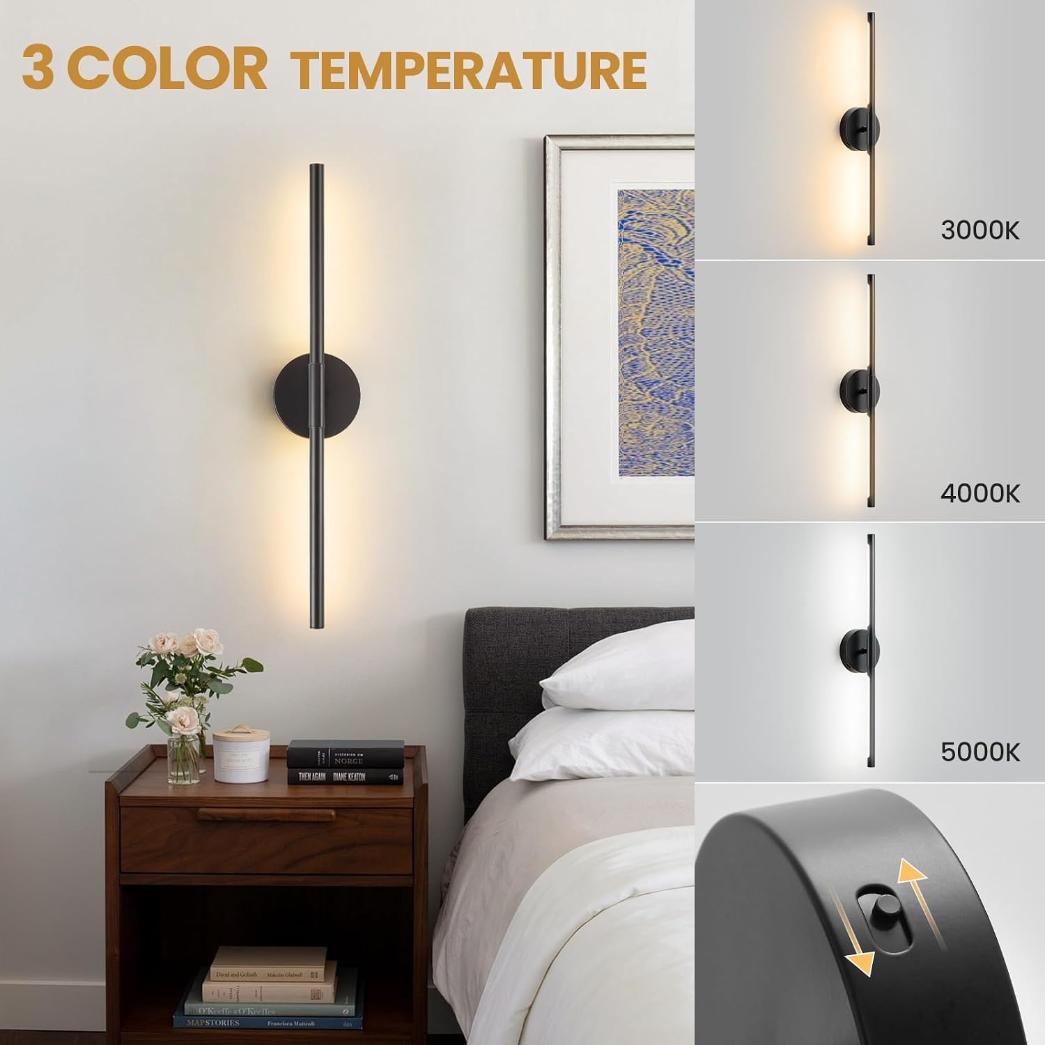 Lightania Hardwired Wall Sconces Set of Two, 24'' Modern Black LED Wall Lights, 360° Rotatable, 2700K-5000K Adjustable, 3CCT Dimmable Wall Sconce Light Fixture for Living Room Bedroom Hallway, ETL
