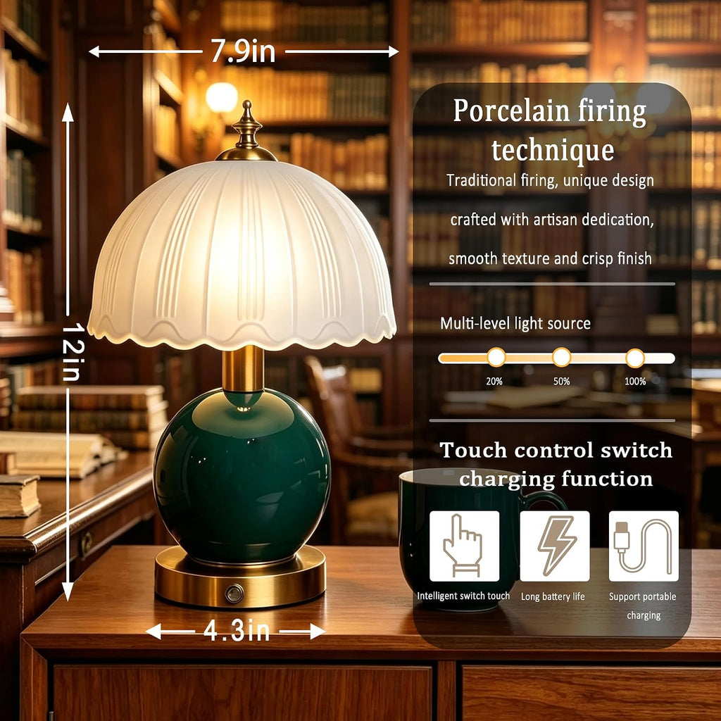Living Room Vintage Ceramic lamp,12 inch Modern Rechargeable Touch Light, Stepless Light Adjustment Desk Lamp, Classic Chinese Style Emerald Green