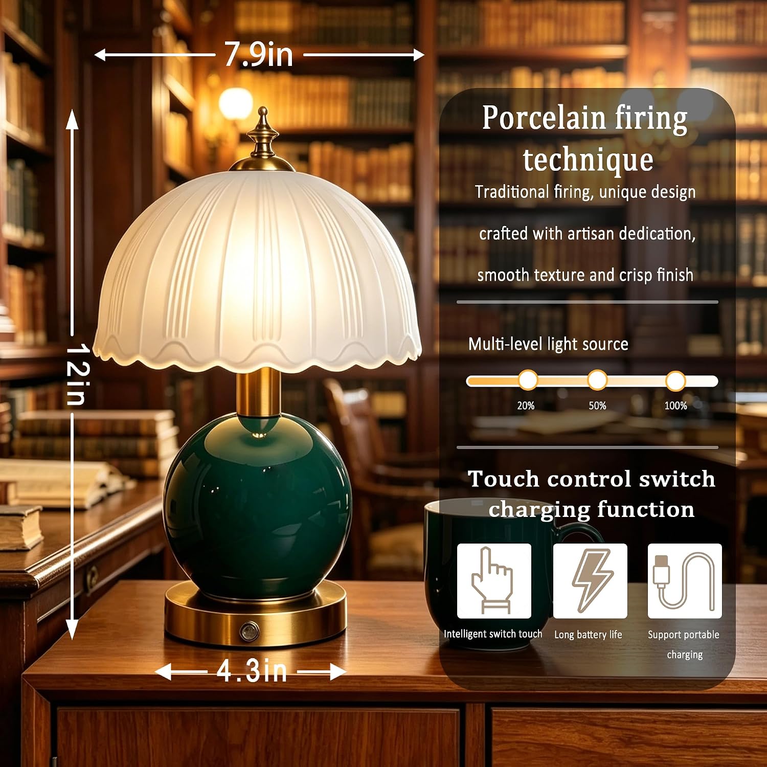 Living Room Vintage Ceramic lamp,12 inch Modern Rechargeable Touch Light, Stepless Light Adjustment Desk Lamp, Classic Chinese Style Emerald Green