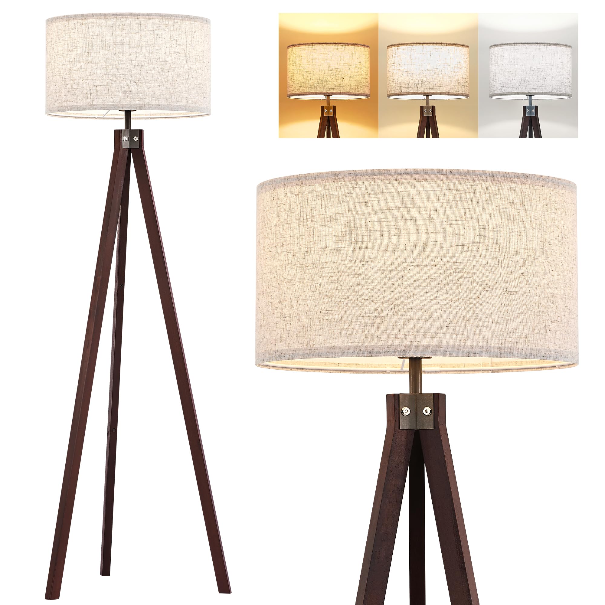 ELYONA Wood Tripod Floor Lamp Modern Standing Lamp with Black Drum Shade, Industrial Tall Reading Lamp for Office Living Room Bedroom, ETL Listed Walnut & Black, 3 Color Temperatures LED Bulb Include
