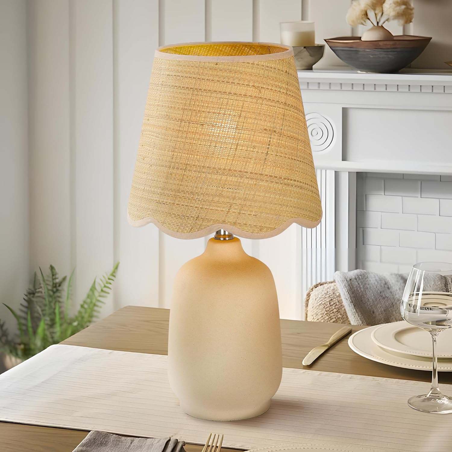 Pia Ricco 19" Modern Ceramic Table Lamp for Living Room Cream Base Desk Lamps for Bedroom Farmhouse Bedside Nightstand Lamp End Table Lamps,Beige,Rattan Shade