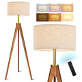 ELYONA Wood Tripod Floor Lamp, Mid Century Reading Standing Lamp with 3 Color Temperatures & Linen Shade, Modern Night Light for Bedroom, Farmhouse, Living Room, Office, 9W LED Bulb Included, Brown