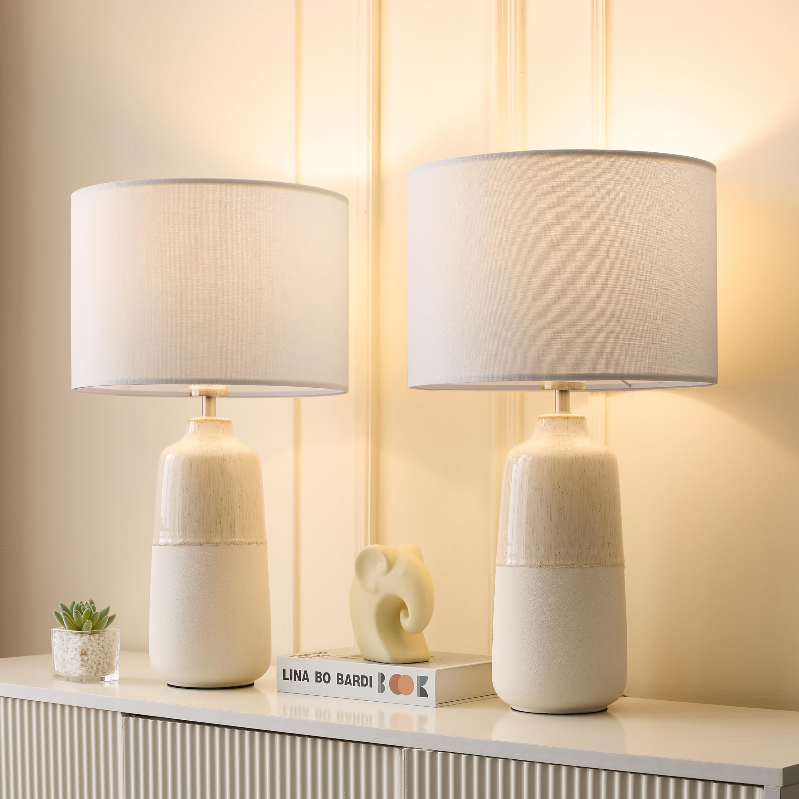 Set of 2 Ceramic Table Lamp for Bedroom, Small Table Lamp White Farmhouse Rustic Lamp Set Bedside Table Lamps for Nightstand Side Table Lamps for Living Room, 13.7IN