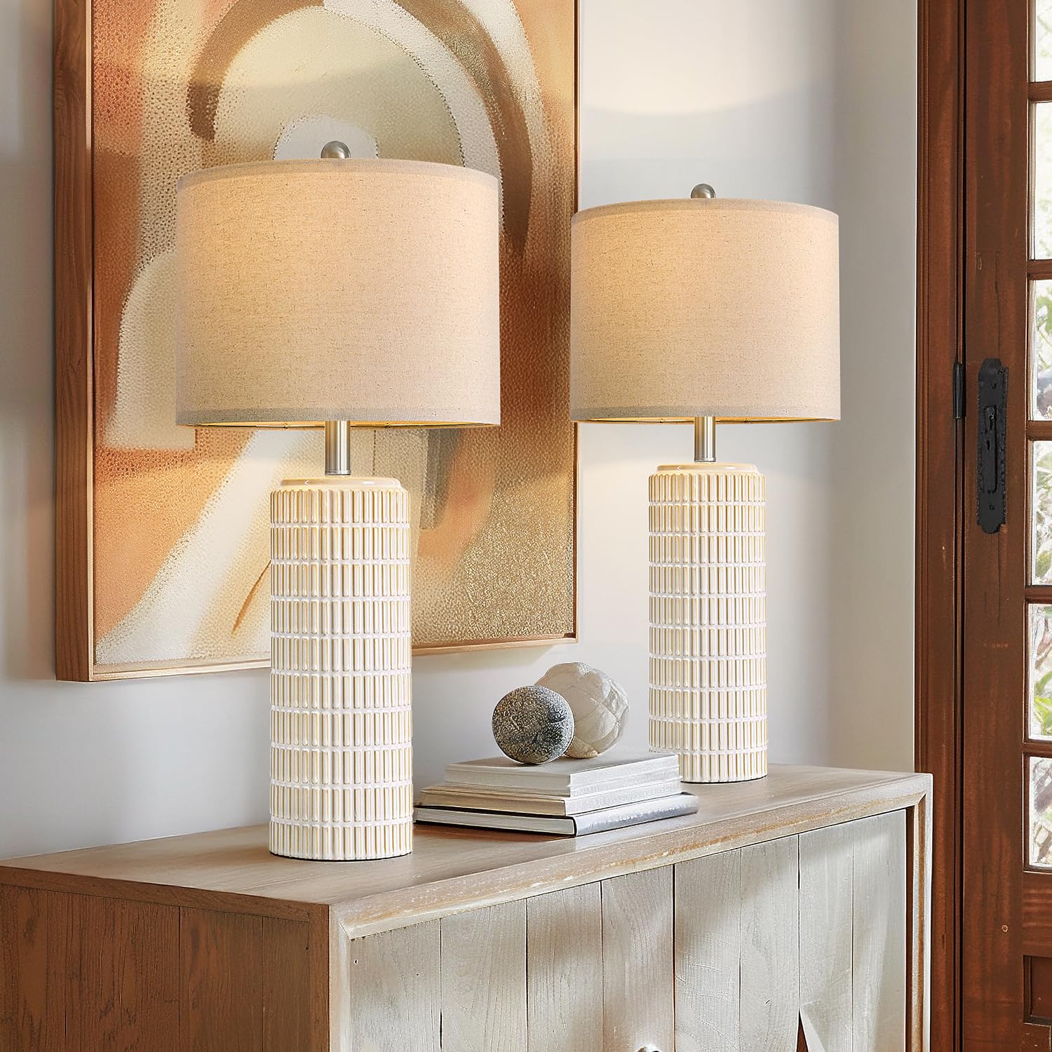PoKat 23" Modern Ceramic Table Lamp Set of 2 for Living Room White Desk Lamps for Bedroom Farmhouse Bedside Nightstand Lamp House Warming Gifts New Home Decor End Table Lamps Gifts for Women Mom Beige