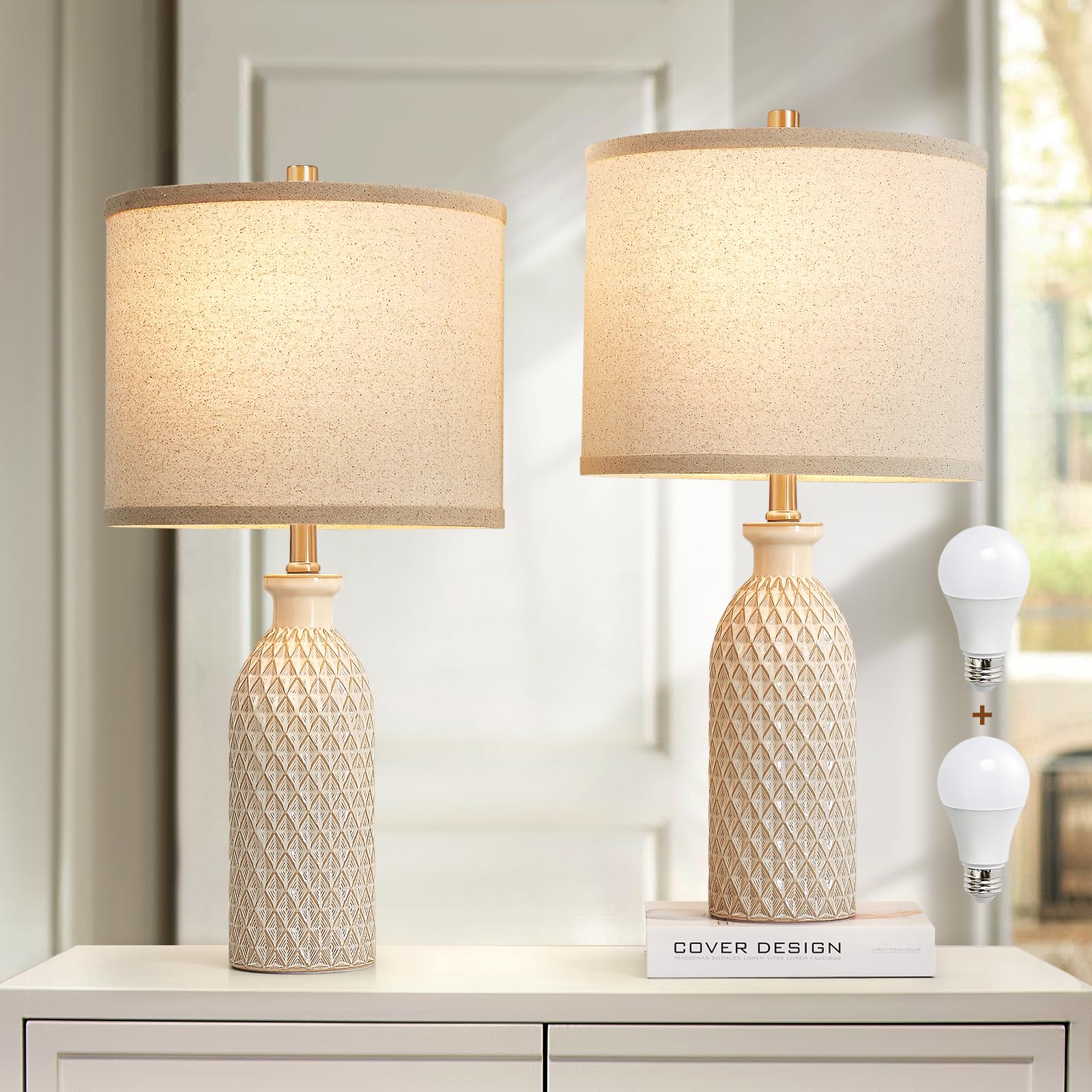 Modern Ceramic Table Lamp Set of 2, Adjustable Color Temperature Bedside Lamps for Night Stands with Fabric Drum Shade, Nightstand Lamps for Bedroom, Living Room, Desk, Includes 2 Bulbs (21.4")