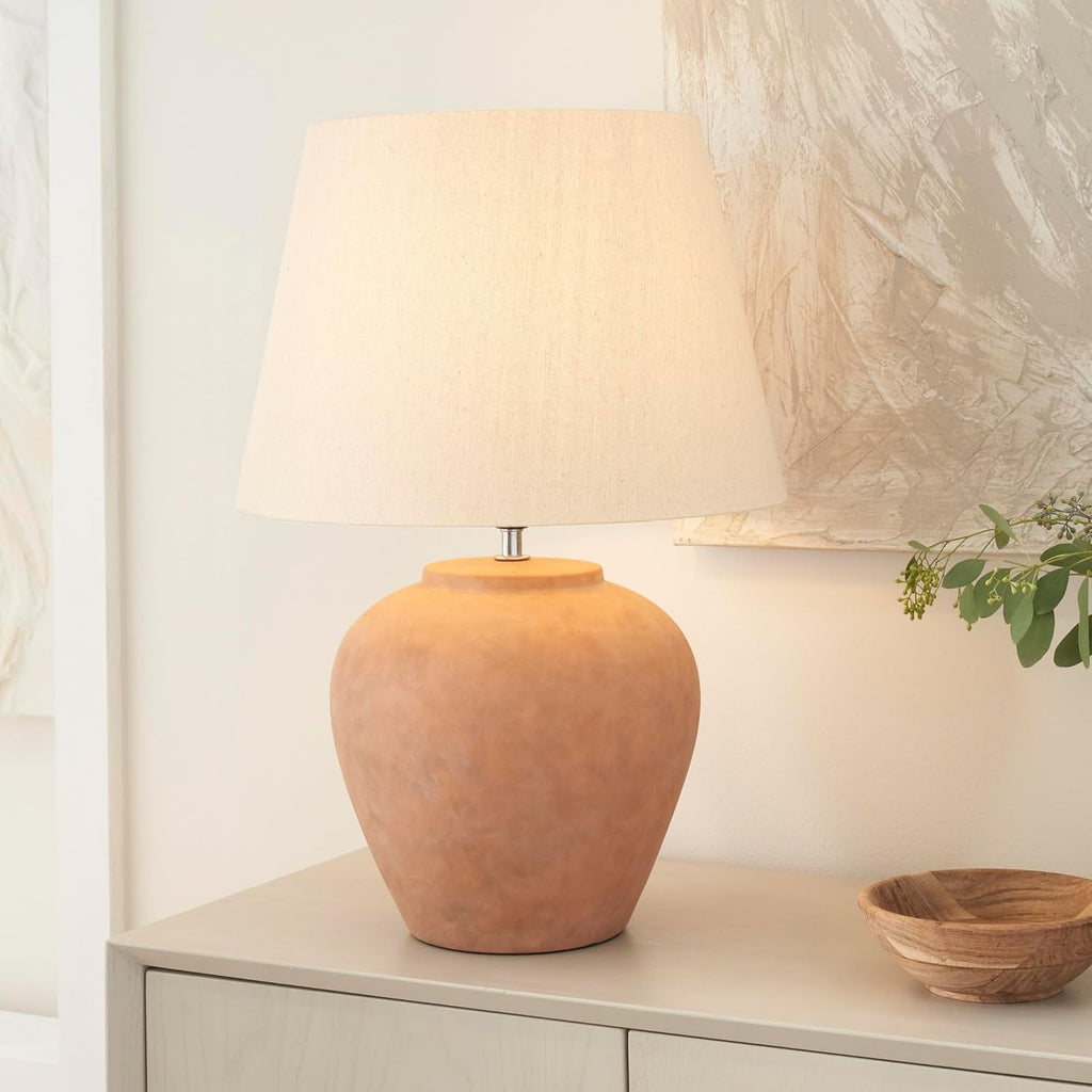 Nourison Home 20" Rustic Terracotta Ceramic Table Lamp with Fabric Shade, Bedside Nightstand Lamp for Bedroom, Living Room, Entryway
