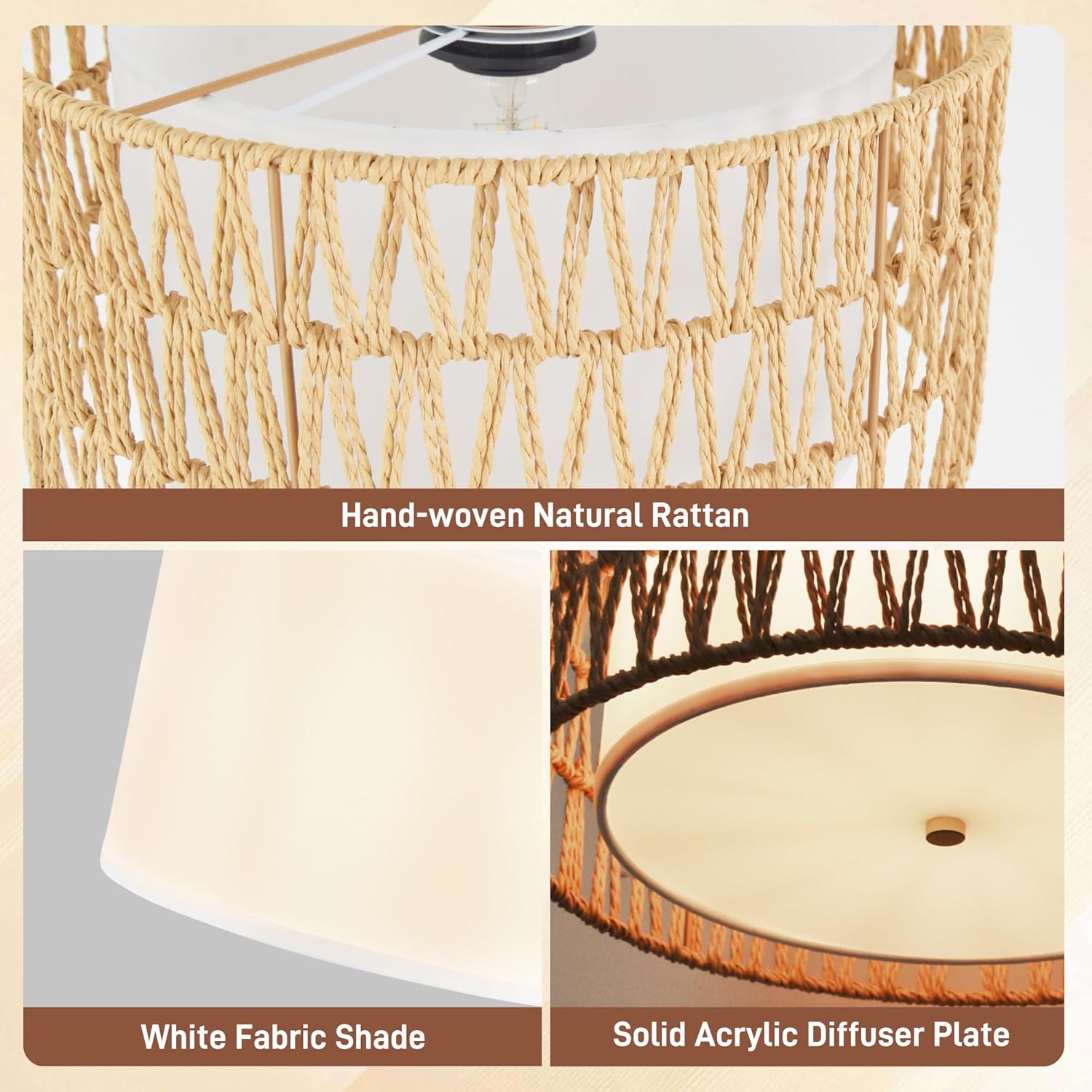 13'' Gold Plug in Pendant Light, Boho Dimmable Hanging Lamp with Rotary Dimmer Switch & 15ft Cord, Rattan & Fabric 2-in-1 Shade, Farmhouse Pendant Lights Kitchen Island Living Room Bedroom, ETL Listed