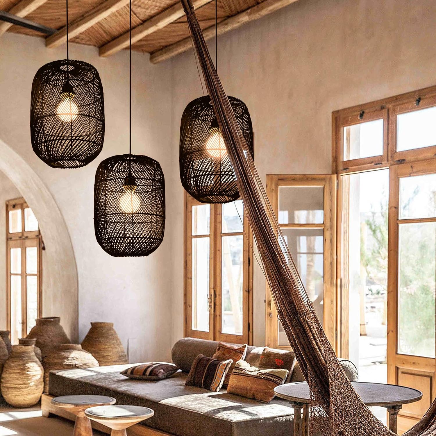 Arturesthome Black Rattan Pendant Light Fixture, Farmhouse Natural Boho Chandelier Ceiling Lighting, Retro Wicker Hanging Lamp for Kitchen Island 11"*15.74"