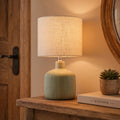 Ceramic Table Lamp, 17.75" Nautical Bedside Lamp with Beige Linen Shade, Warm Ambient Nightstand Lighting for Beach House, Navy Blue