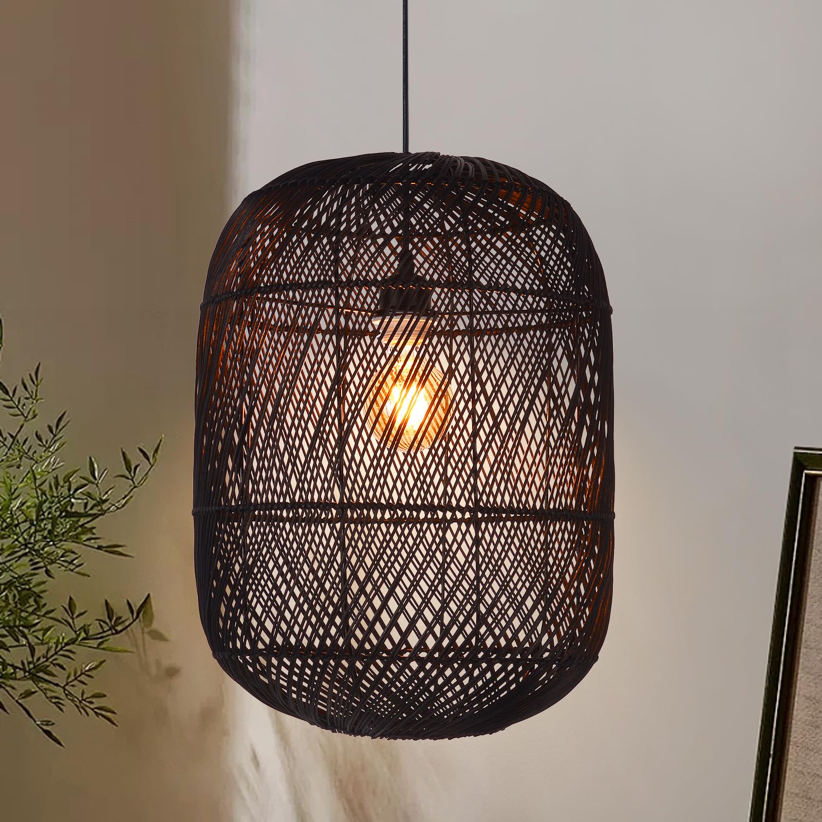 Arturesthome Black Rattan Pendant Light Fixture, Farmhouse Natural Boho Chandelier Ceiling Lighting, Retro Wicker Hanging Lamp for Kitchen Island 11"*15.74"